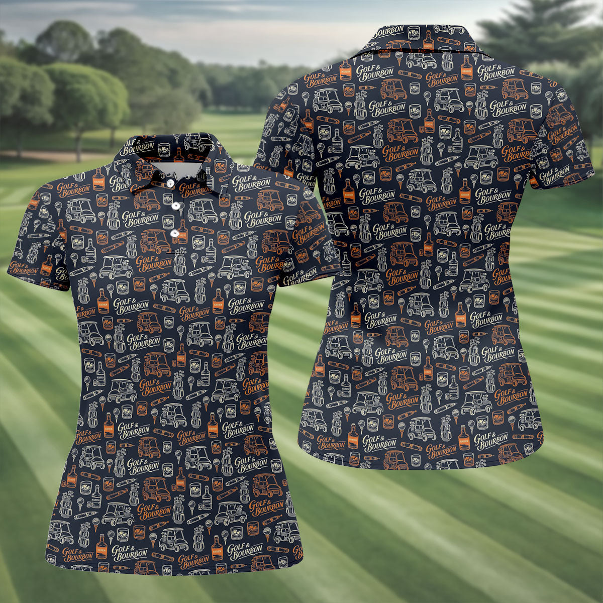 Funny Golf Bourbon Cigar Pattern Polo Shirt, Women’s Golf Polo, Golf Shirts For Women