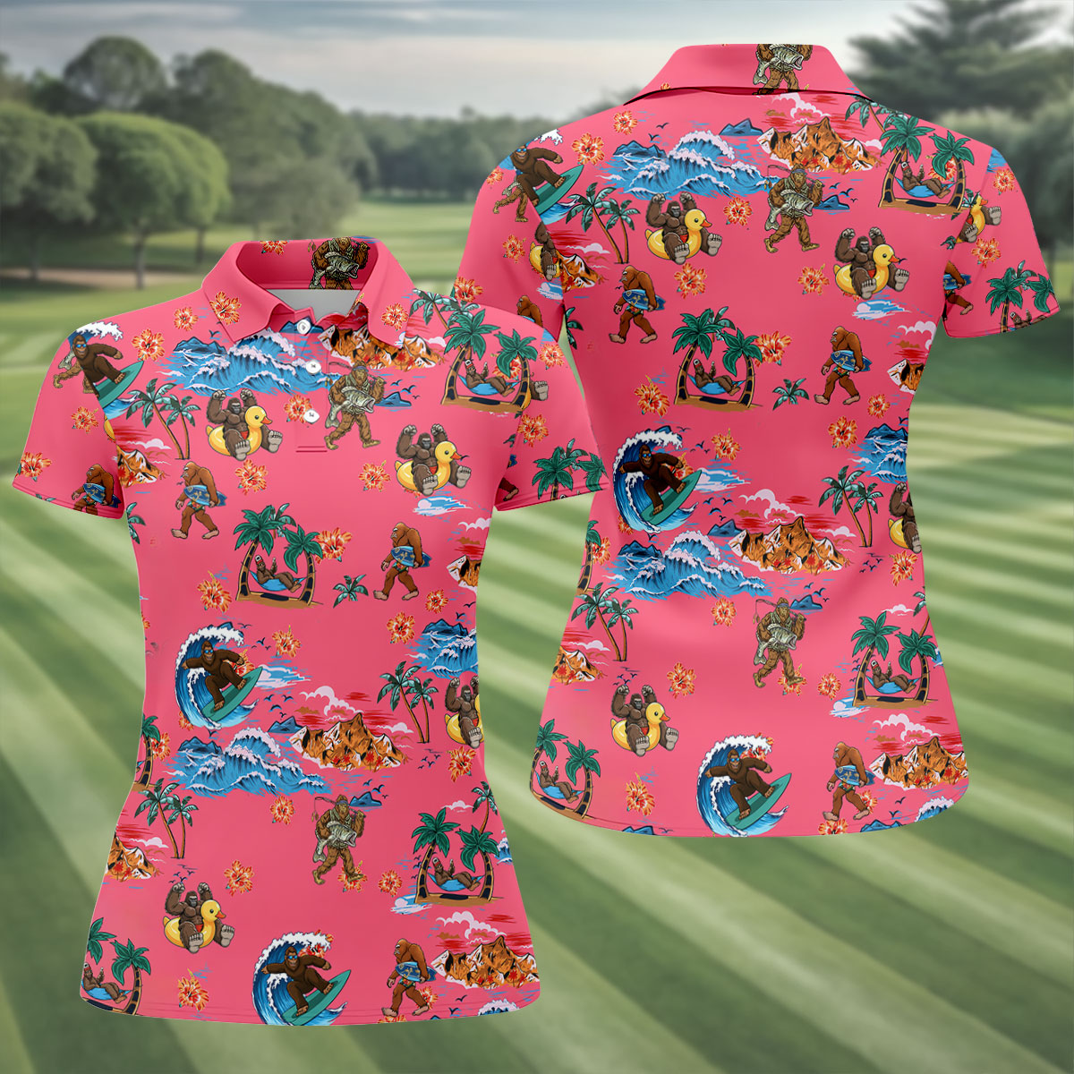 Pink Tropical Bigfoot Hawaiian Golf Polo Shirt, Golf Shirts For Women, Women's Golf Polo