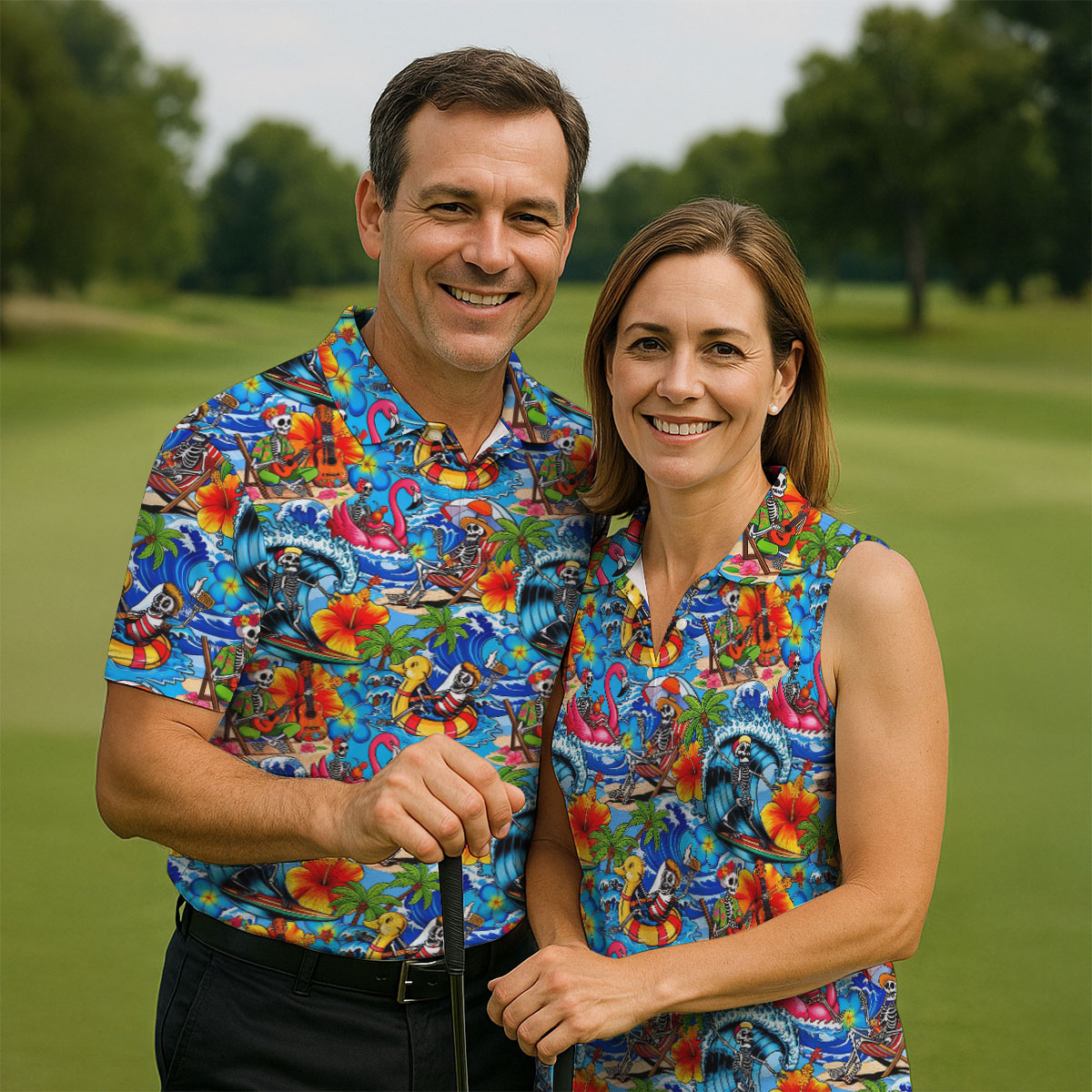 Blue Tropical Skeleton Surfer Pattern Golf Polo Shirt, Men's Golf Shirt, Golf Polo Shirts For Men