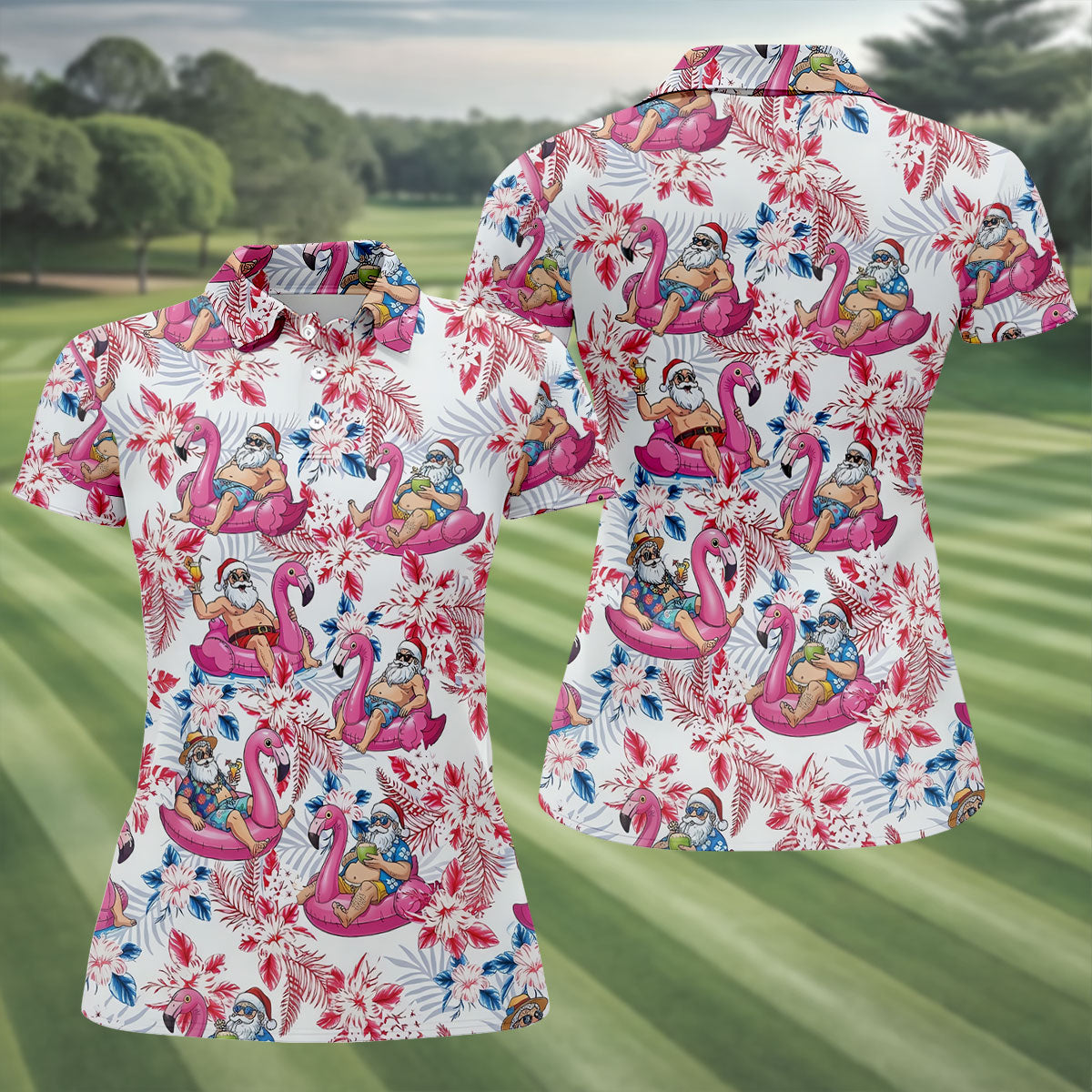 Funny Tropical Santa Flamingo Christmas Polo Shirt, Womens Golf Polo, Hawaiian Golf Shirt