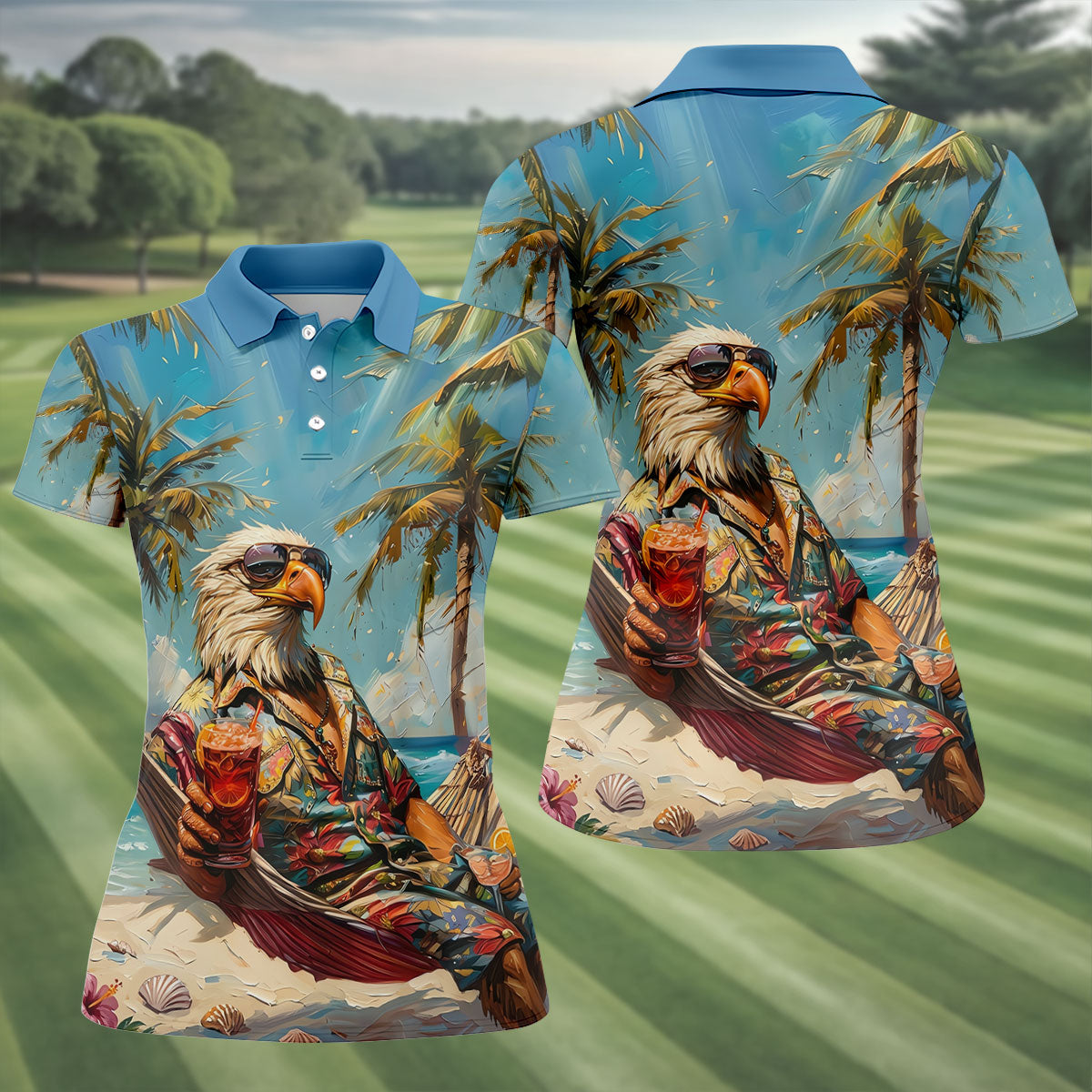 Cool Bald Eagle Tropical Vacation Hawaiian Golf Shirt, Vibrant Color Golf Shirt For Women