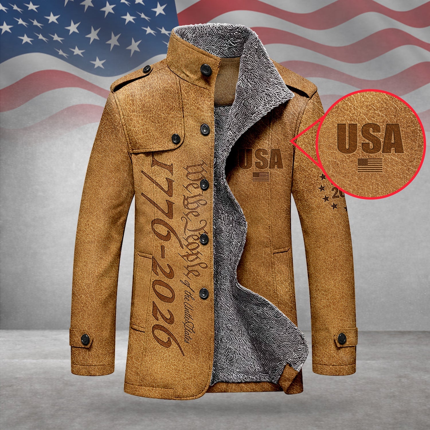 We The People 250 Years Silver Flag Men's Cold Premium Weather Jacket, Leather Trench Coat