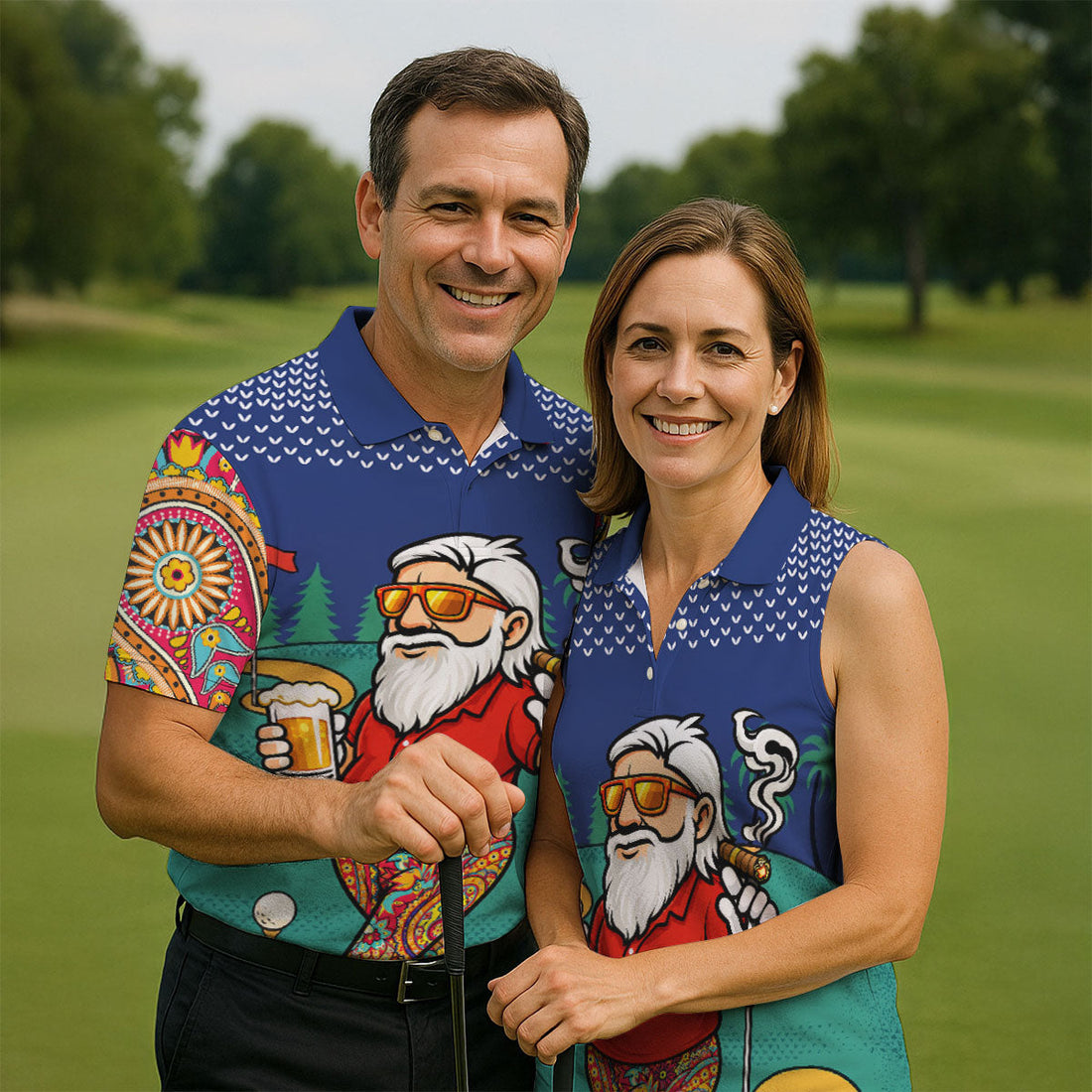 Men's Funny Golf Santa Beer And Cigar Polo Shirt, Mens Golf Polo, Golf Apparel For Men