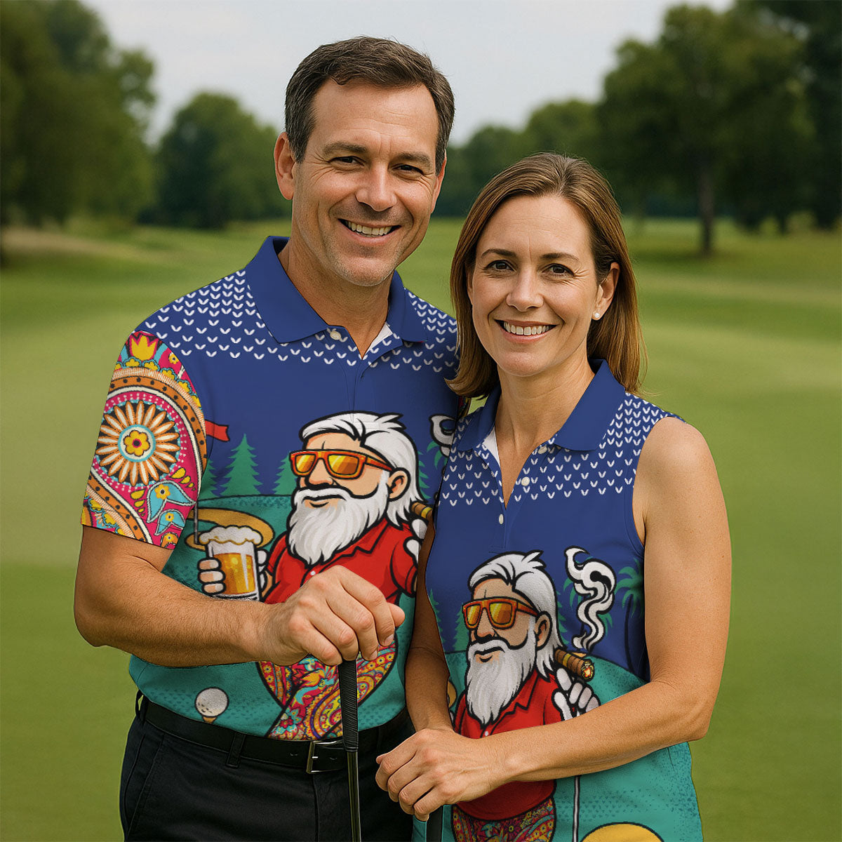 Men's Funny Golf Santa Beer And Cigar Polo Shirt, Mens Golf Polo, Golf Apparel For Men