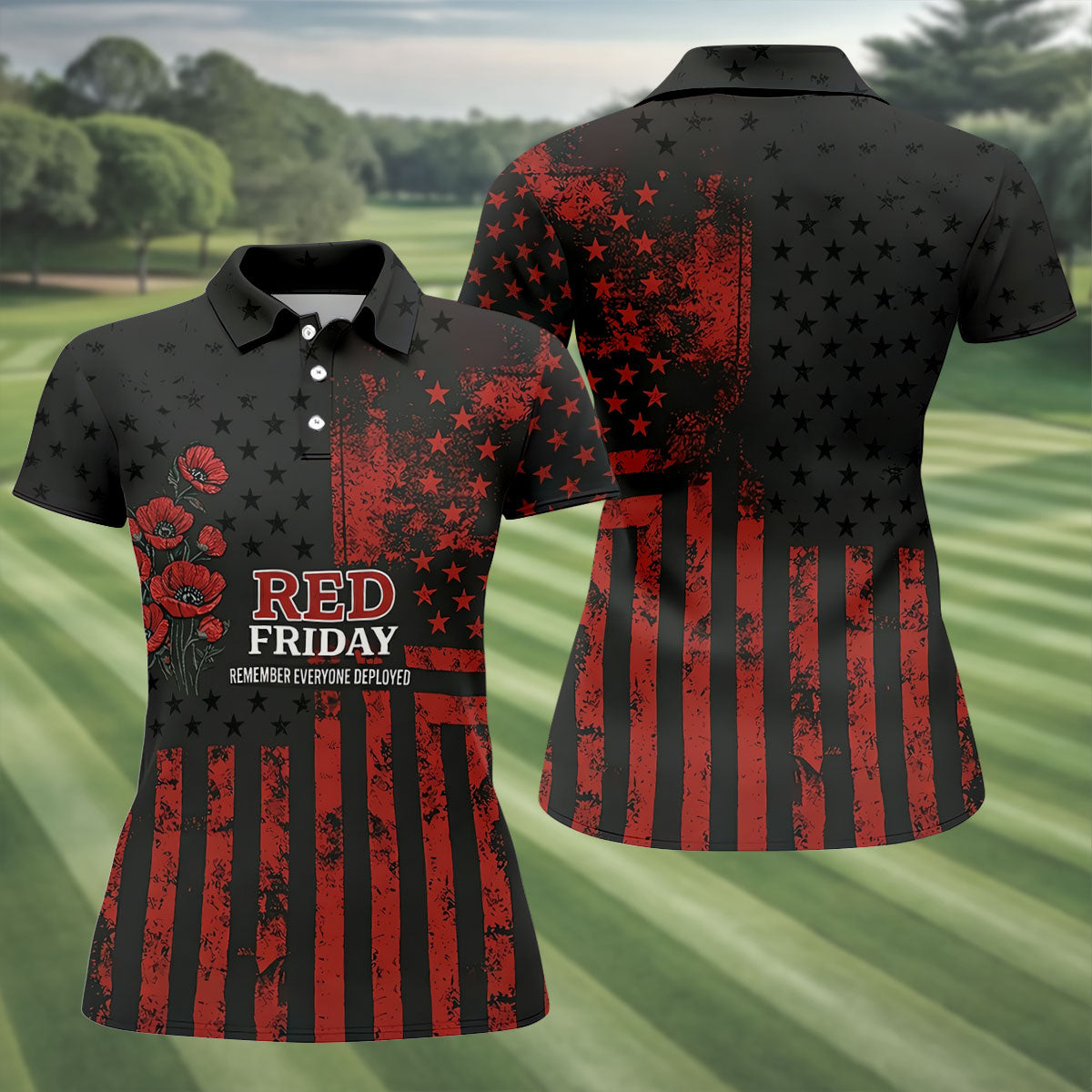 Red Friday American Flag Poppy Golf Polo Shirt, Ladies Golf Shirt, Golf Tops For Women