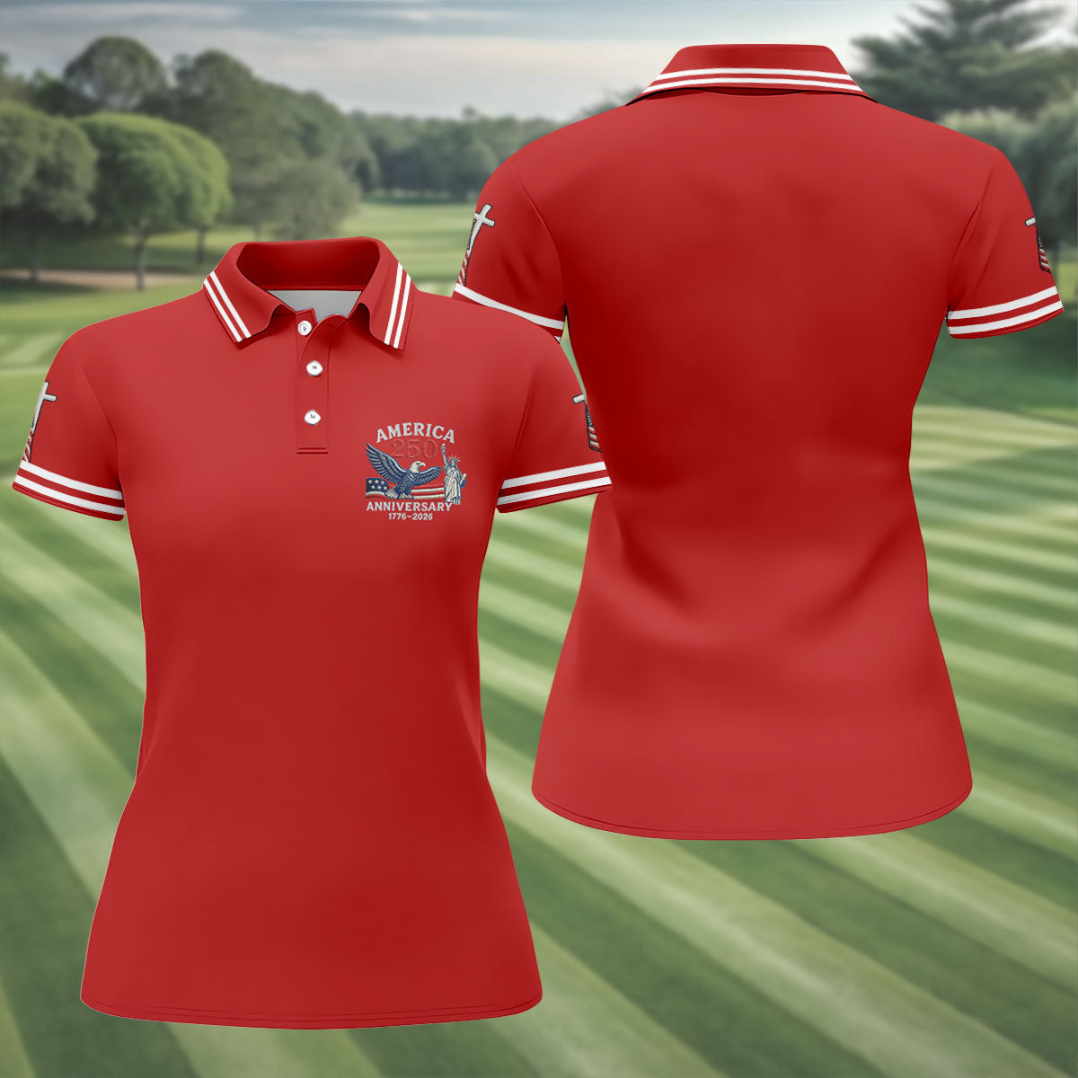 Faith Cross Bald Eagle America 250 Anniversary Red Patriotic Golf Shirt, Golf Shirt For Women