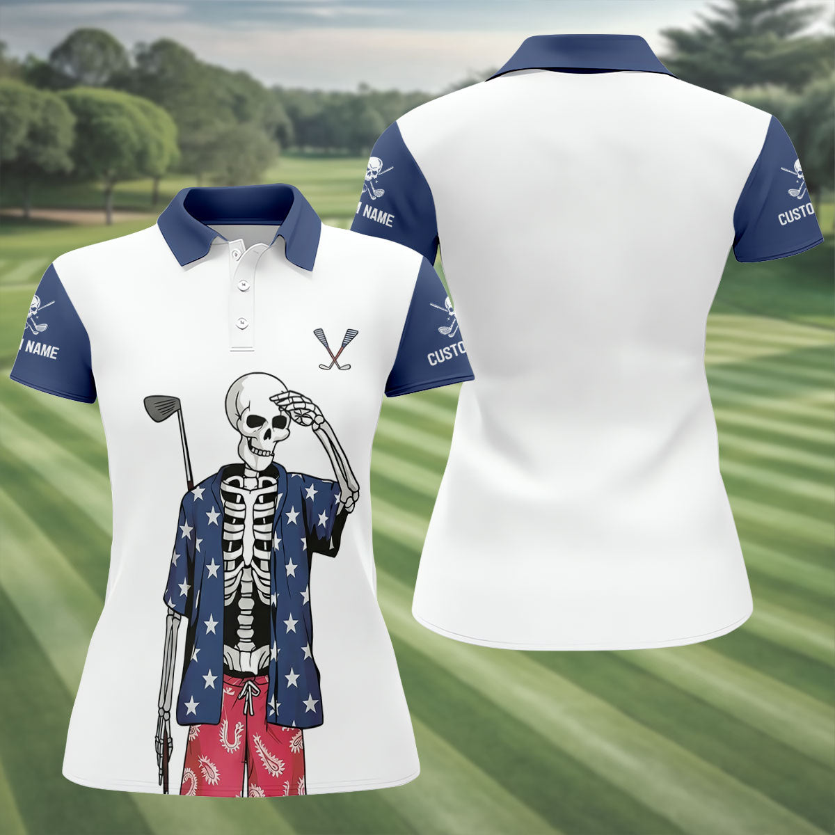 Skeleton Golf White Navy 4th Of July Patriotic Golf Shirt, 250 Years Golf Shirt For Women