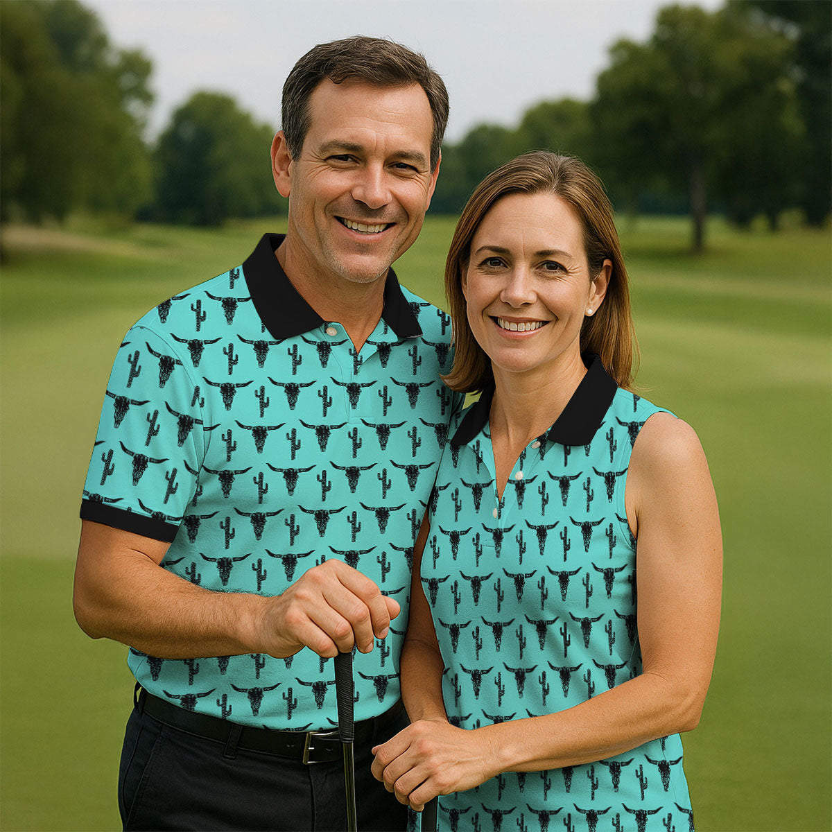Longhorn Cow Skull Western Theme Peacock Blue Golf Tops For Men, Polo Shirts For Men, Golf Shirts For Men