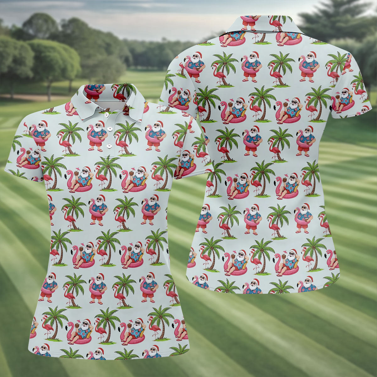 Tropical Santa Flamingo Beach Golf Polo, Ladies Golf Shirt, Performance Golf Shirt