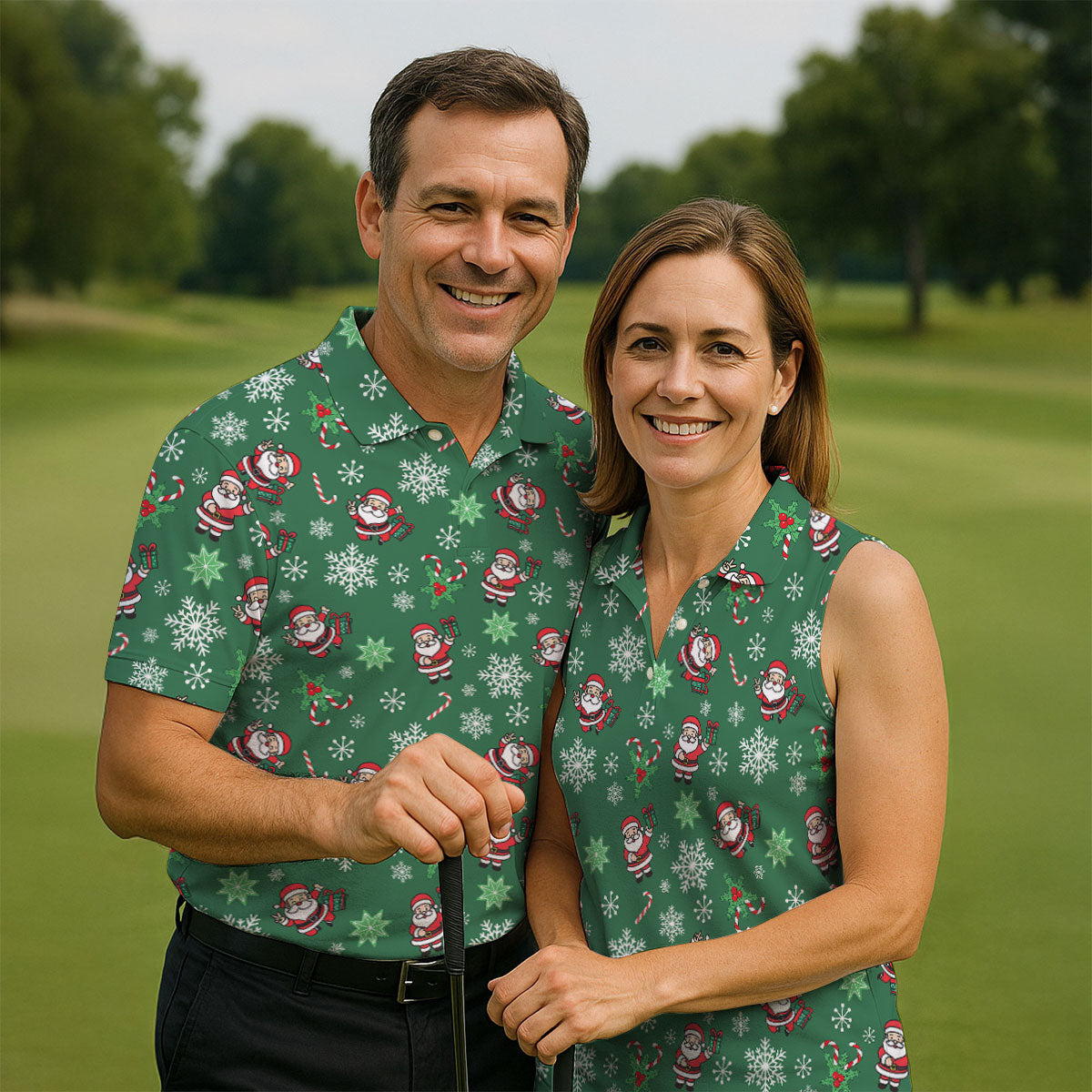 Santa Claus Pattern Christmas Green Golf Tops For Men, Christmas Golf Shirt, Polo Shirts For Men