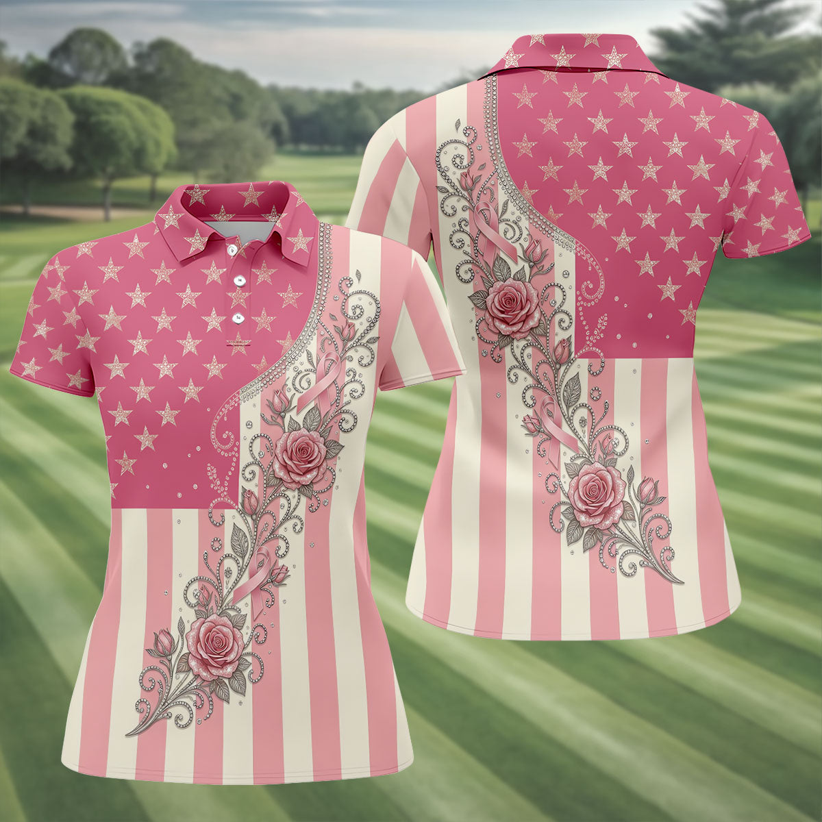 Pink Stars Stripes Rose Breast Cancer Polo Shirt, Women’s Golf Polo, Ladies Golf Shirts