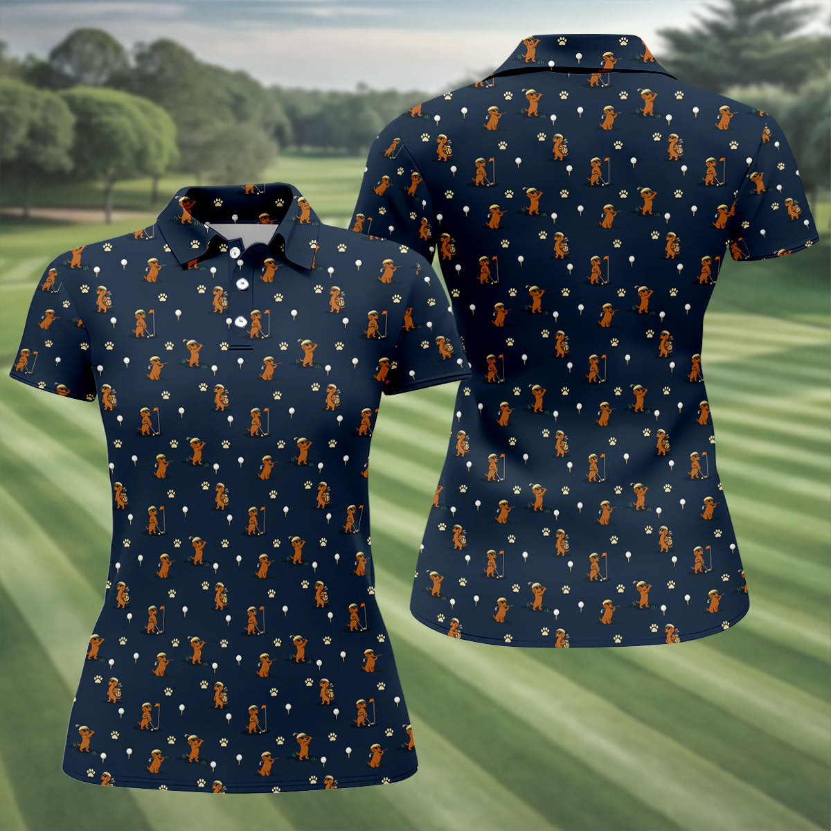 Cartoon Dachshund Golfer Pattern Golf Polo Shirt, Golf Tops For Women, Printed Golf Shirt