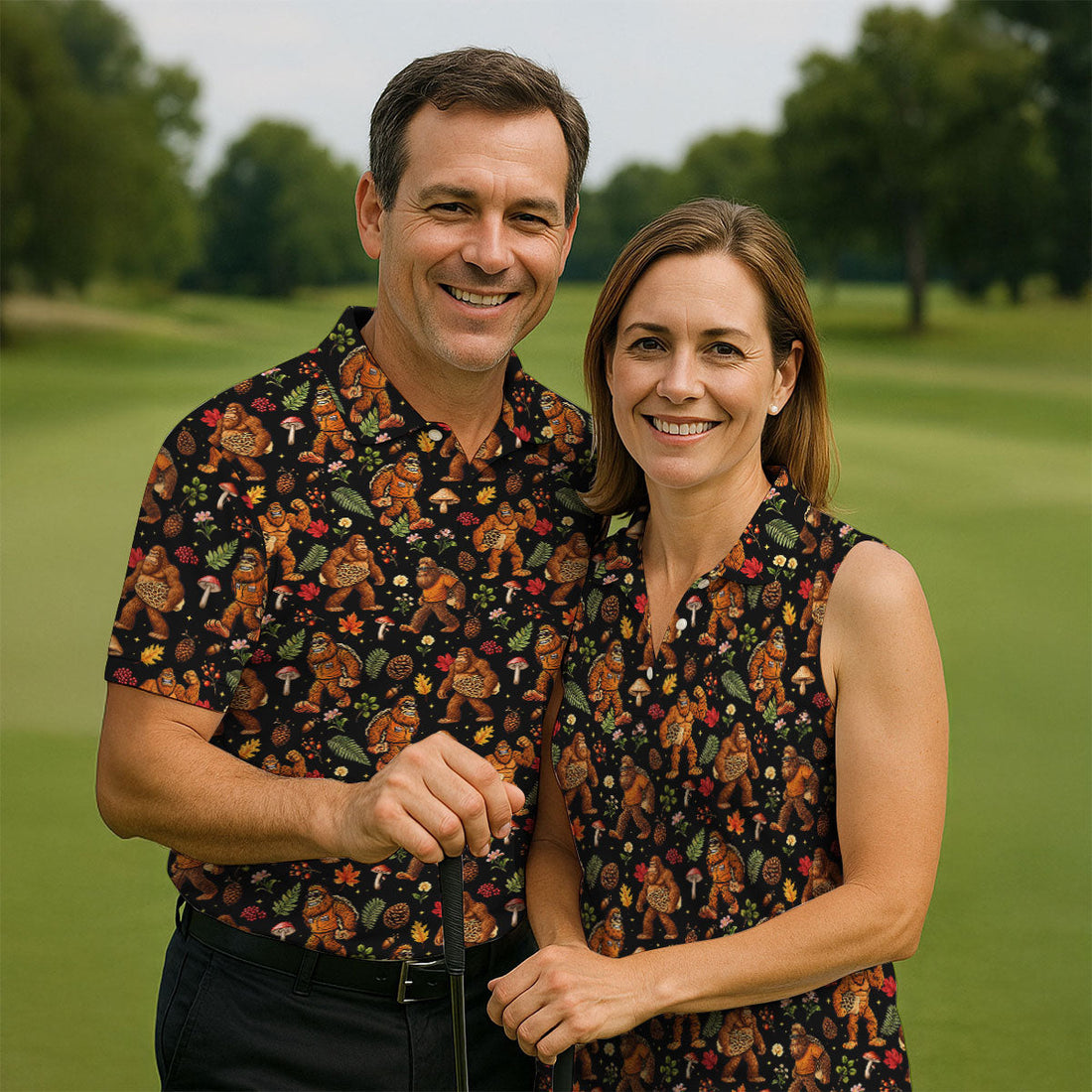 Autumn Bigfoot Forest Pattern Polo Shirt, Mens Golf Apparel, Hawaiian Golf Shirt, Printed Golf Shirts