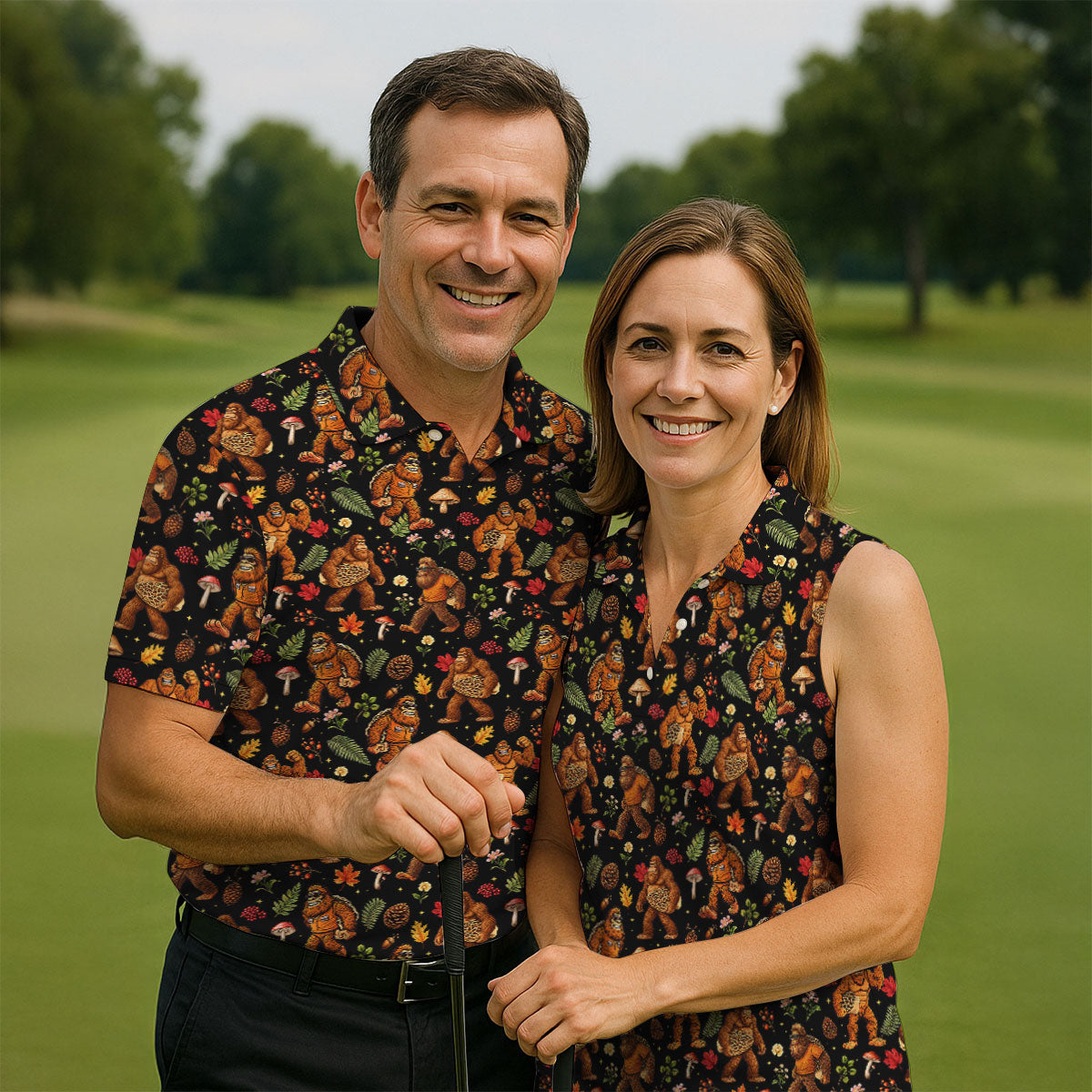 Autumn Bigfoot Forest Pattern Polo Shirt, Mens Golf Apparel, Hawaiian Golf Shirt, Printed Golf Shirts