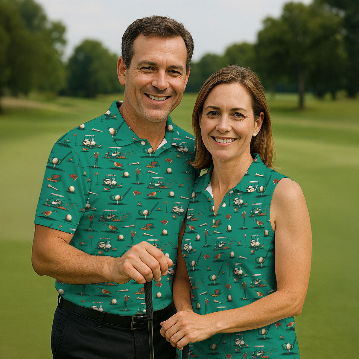 Funny Goose Golf Cart Pattern Green Polo Shirt, Men's Golf Shirt, Mens Golf Apparel