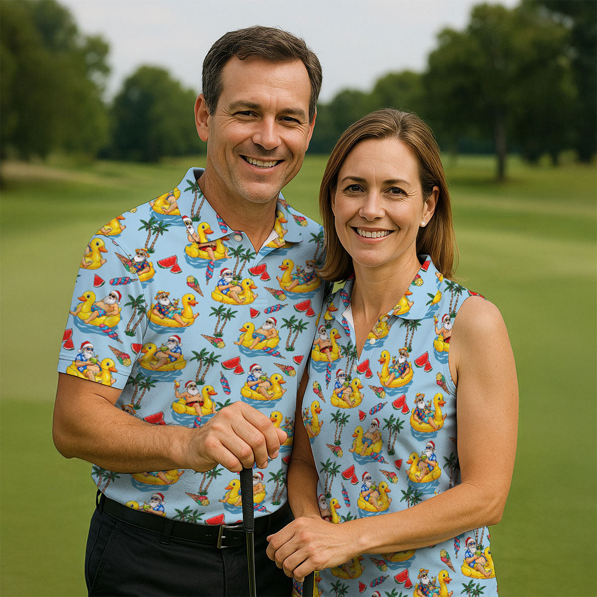 Women's Santa Duck Pool Float Hawaiian Golf Shirt, Christmas Golf Shirt, Women’s Golf Polo
