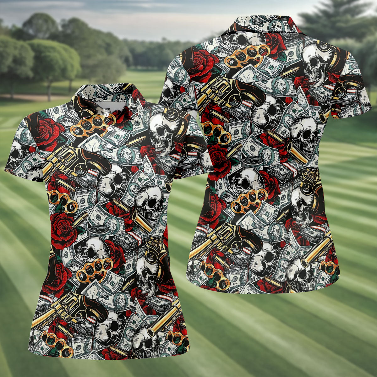 Black Skull Cash Rose Western Pattern Golf Polo Shirt, Ladies Golf Shirts, Women's Golf Apparel