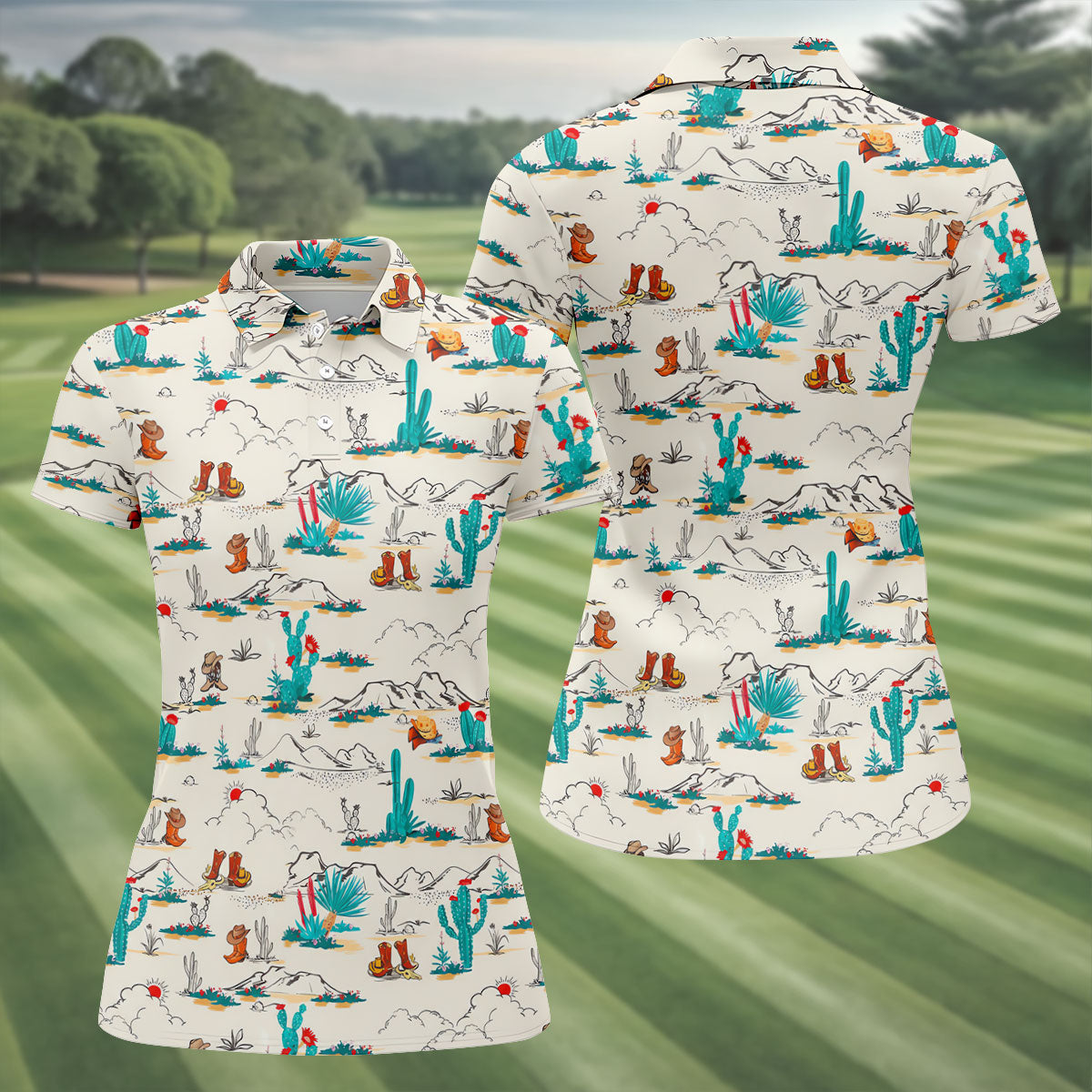 Western Desert Cowboy Boots Pattern Golf Shirt, Women’s Golf Polo, Ladies Golf Tops