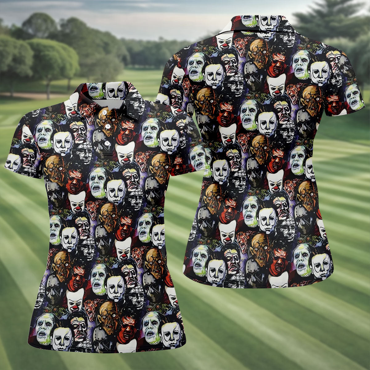 Horror Character Movie Villain Collage Golf Polo Shirt, Women's Golf Polo, Ladies Golf Shirts