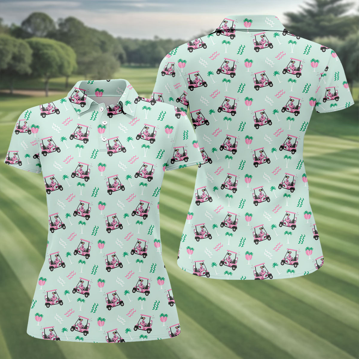 Funny Flamingo Golf Cart Tropical Pattern Polo Shirt, Ladies Golf Top, Golf Tops For Women