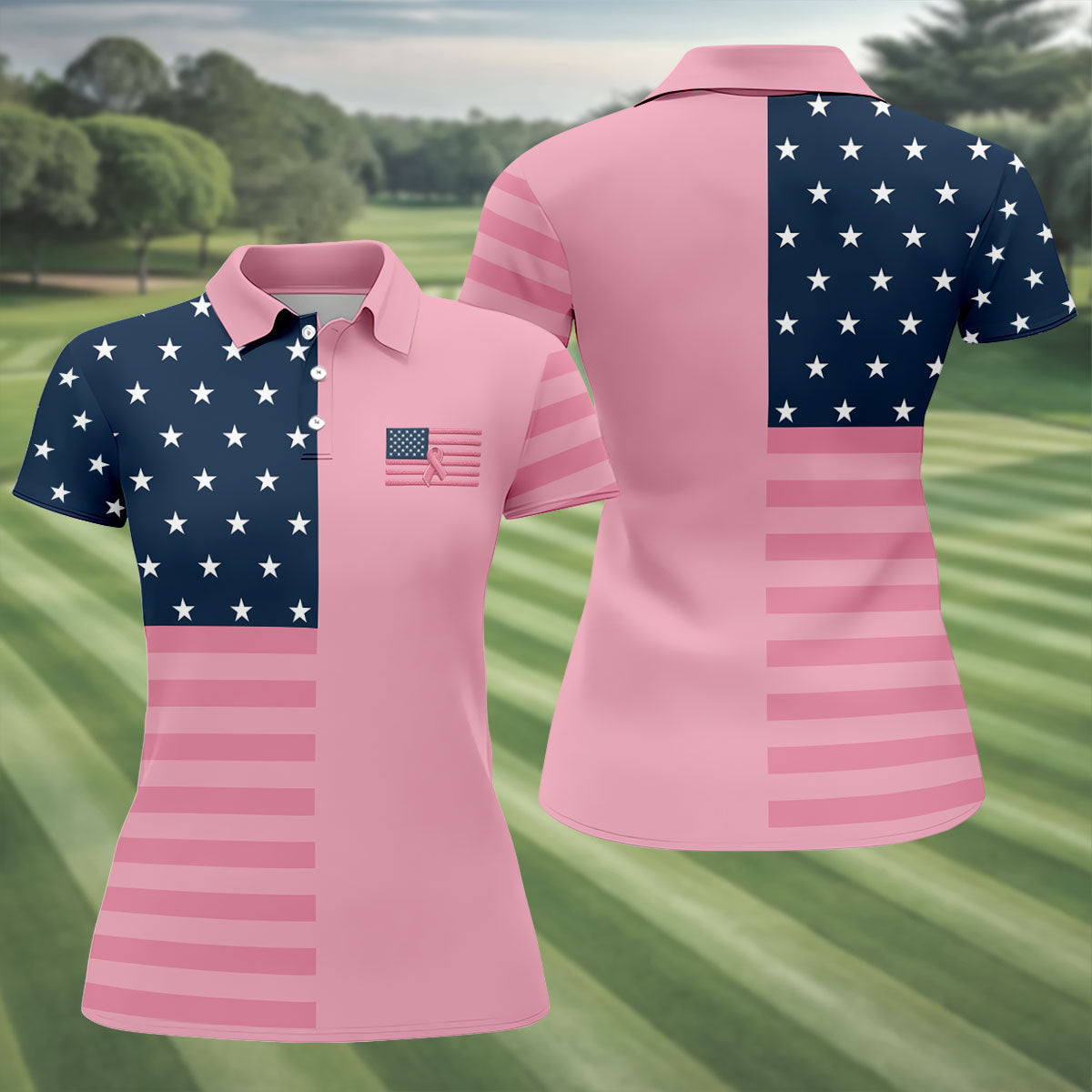 Printed Pink USA Flag Breast Cancer Polo Shirt, Golf Tops For Women, Printed Golf Shirt