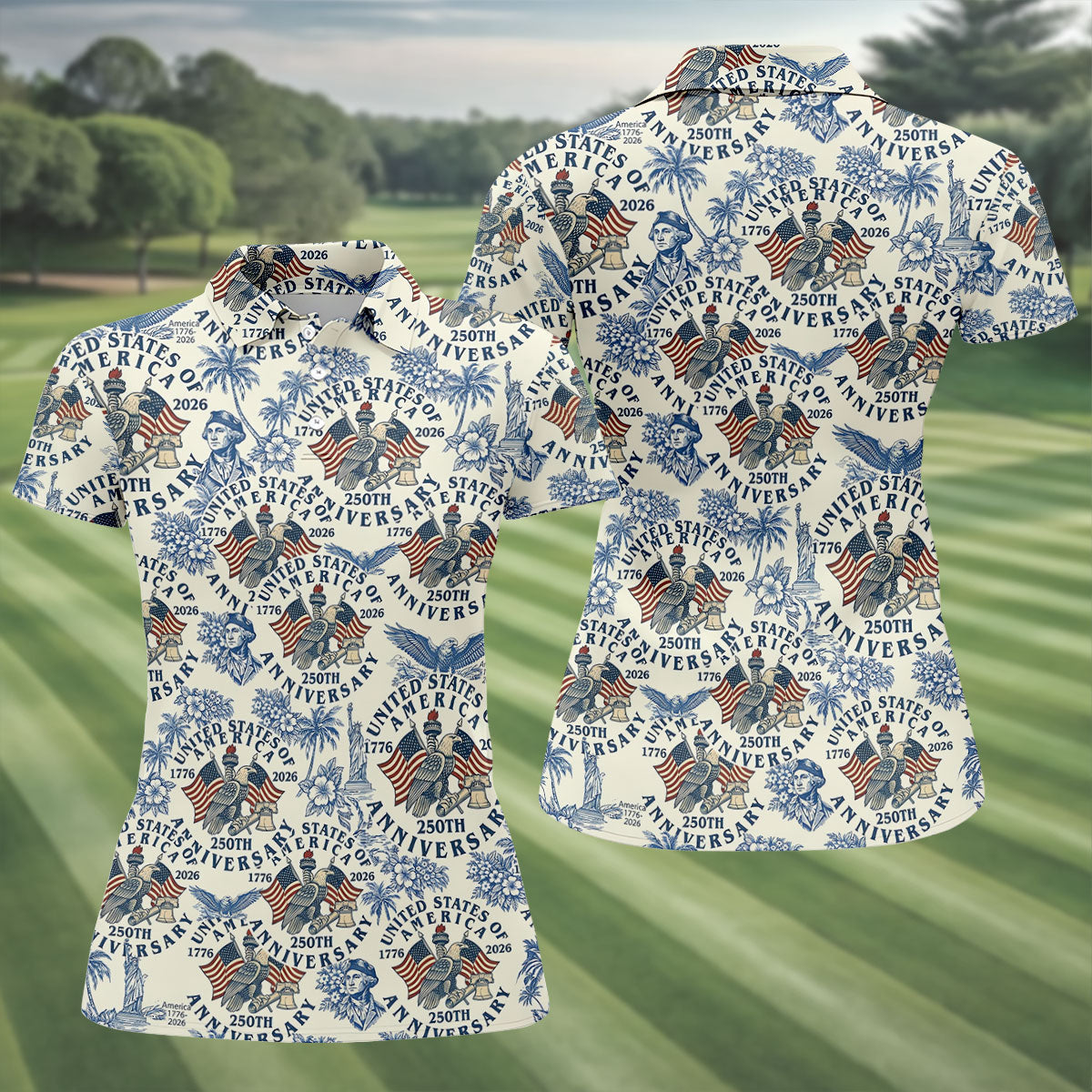 USA 250th Anniversary Toile De Jouy Hawaiian Golf Shirt, Patriotic 4th Of July Golf Shirt For Women