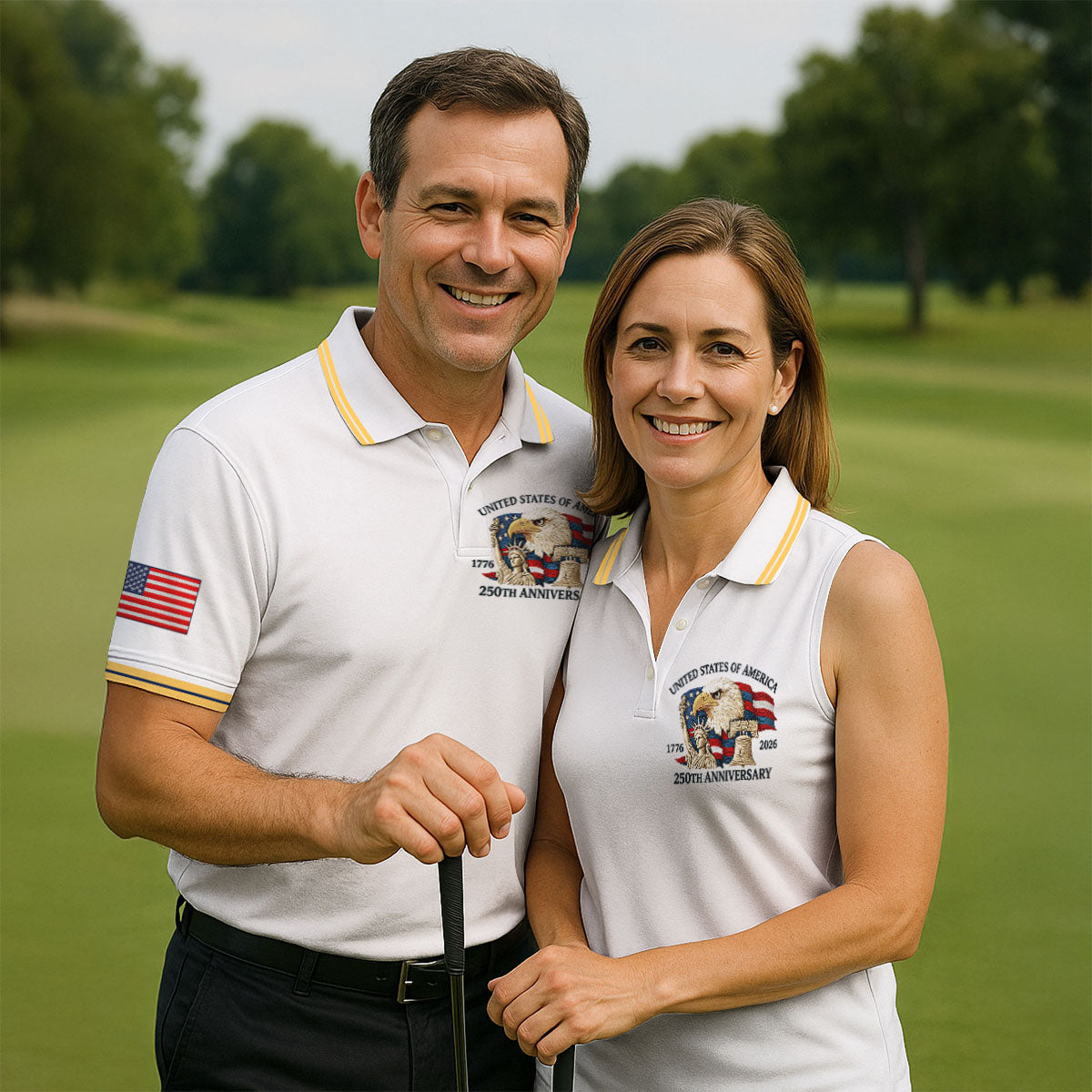 Bald Eagle American Flag 250 Years White Golf Shirt, Patriotic 4th Of July Golf Shirts For Men