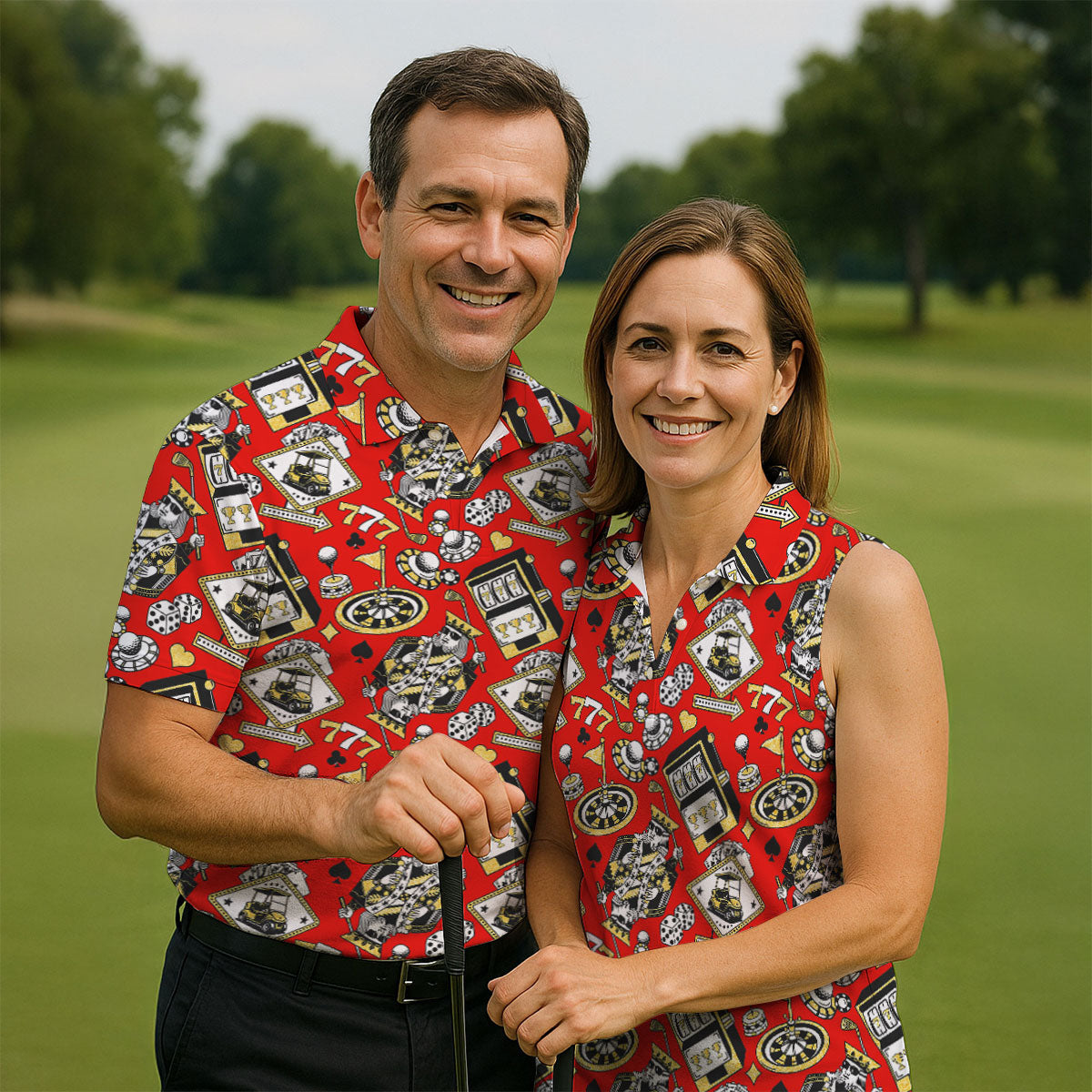 Casino Golf Pattern Red Hawaiian Golf Polo Shirt, Mens Golf Polo, Polo Shirts For Men