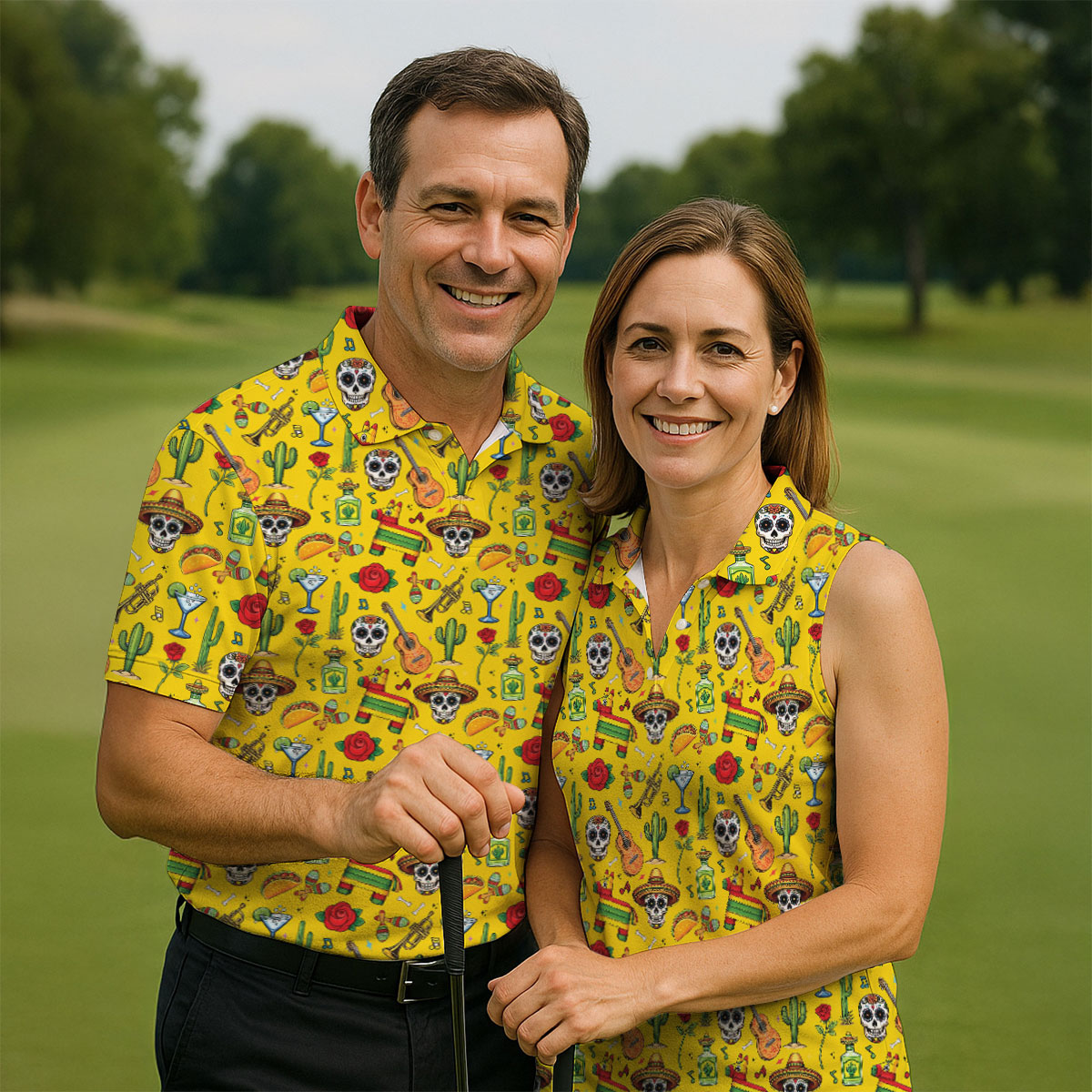 Decorated Skulls Party Items Cinco De Mayo Celebration Fiesta Themed Yellow Golf Shirts For Men