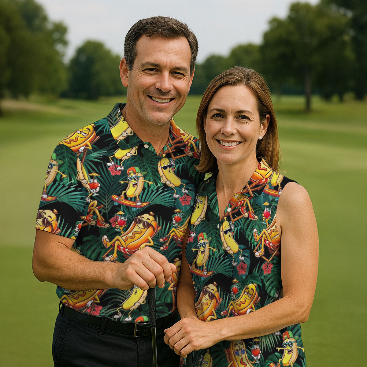 Funny Hot Dog Banana Tropical Hawaiian Golf Shirt, Mens Golf Polo, Printed Golf Shirts