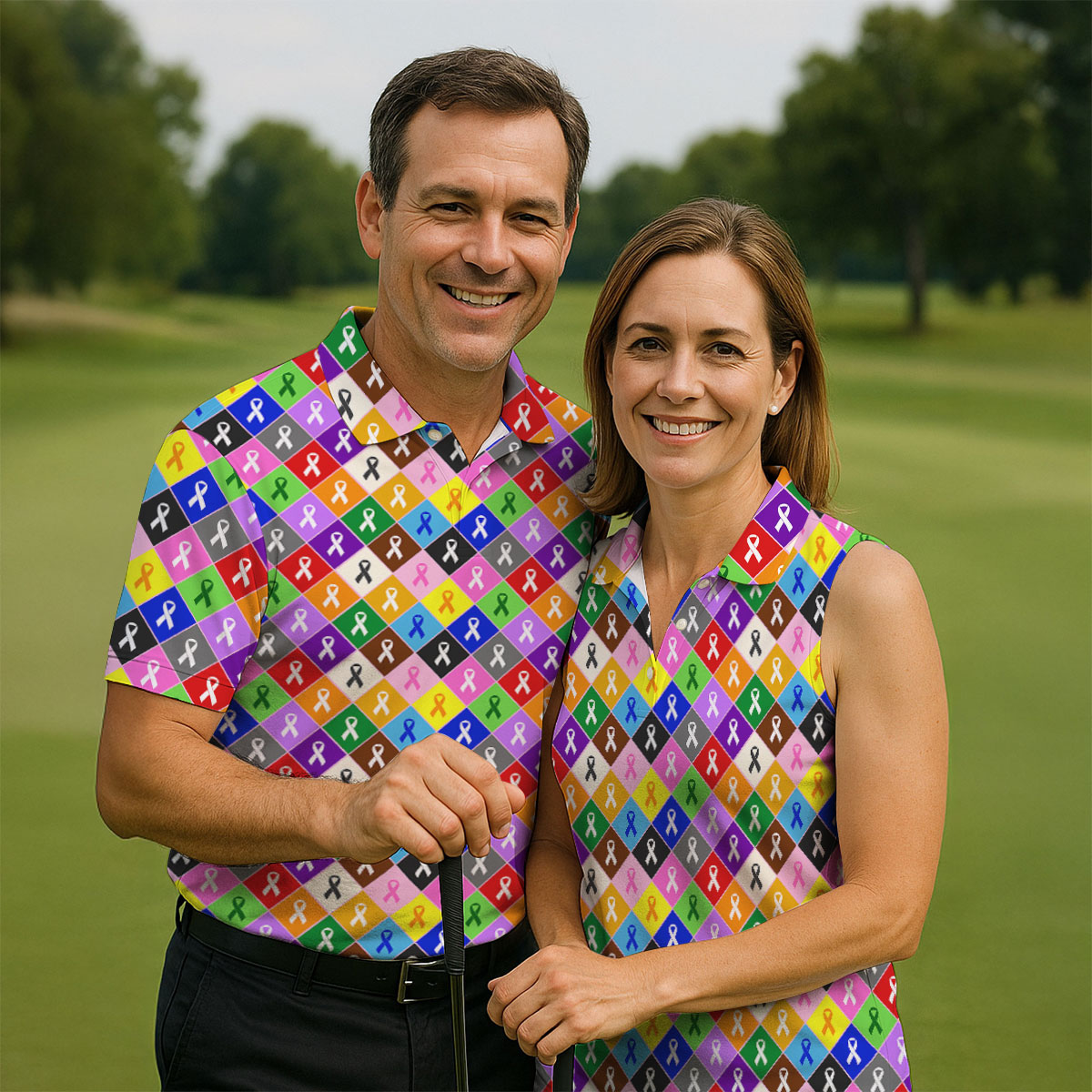 Colorful Awareness Ribbon Breast Cancer Golf Polo, Mens Golf Shirts, Printed Golf Shirts