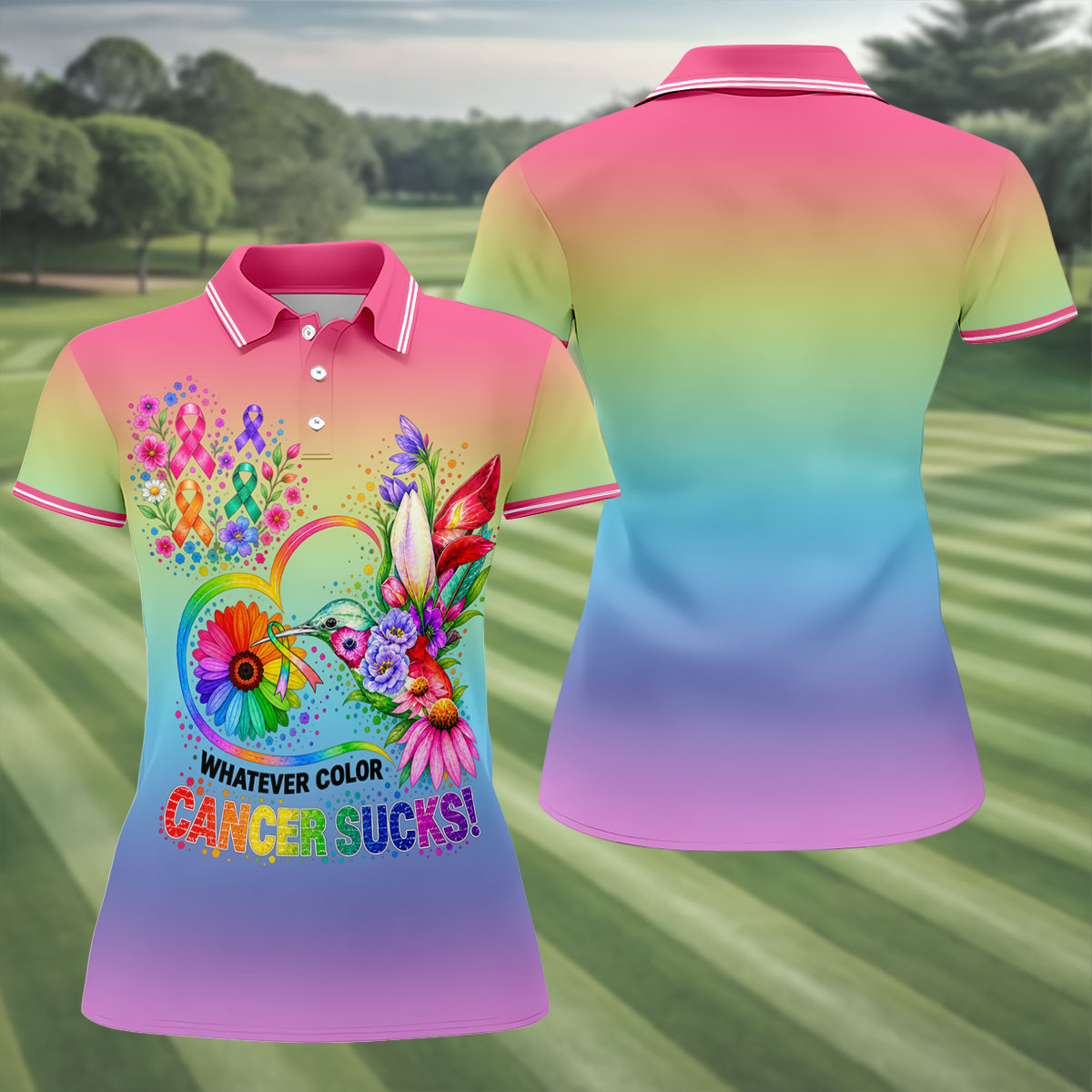 Whatever Color Cancer Sucks Hummingbird Polo Shirt, Ladies Golf Tops, Printed Golf Shirt
