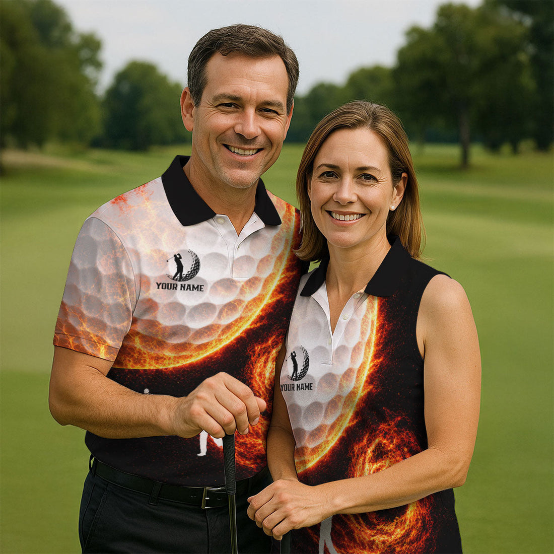 Custom Your Name Fire Golf Ball Polo Shirt, Golf Polo Shirts For Men, Mens Golf Apparel