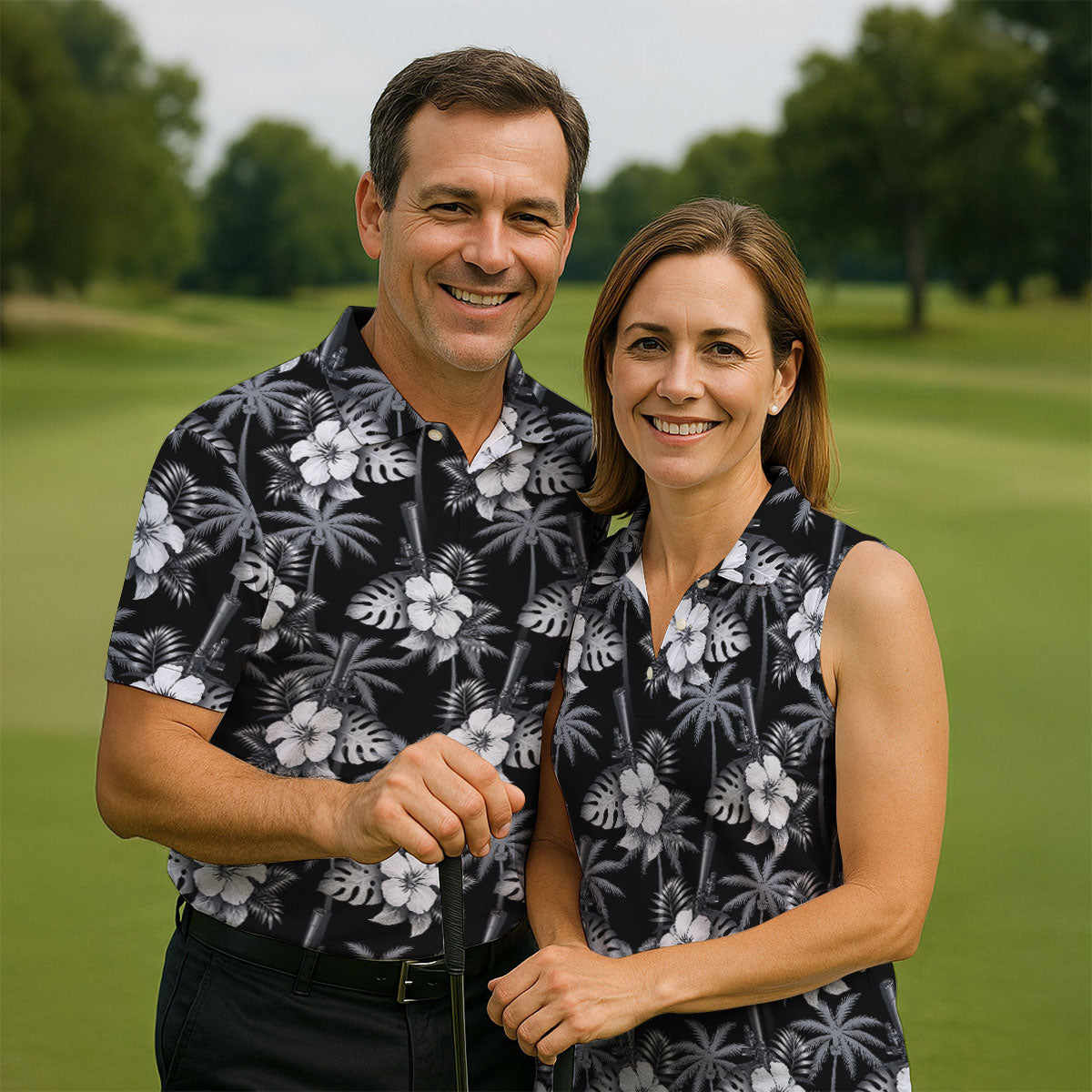 White Hibicus Black Hawaiian Golf Shirt, Tropical Summer Theme Golf Shirt For Women