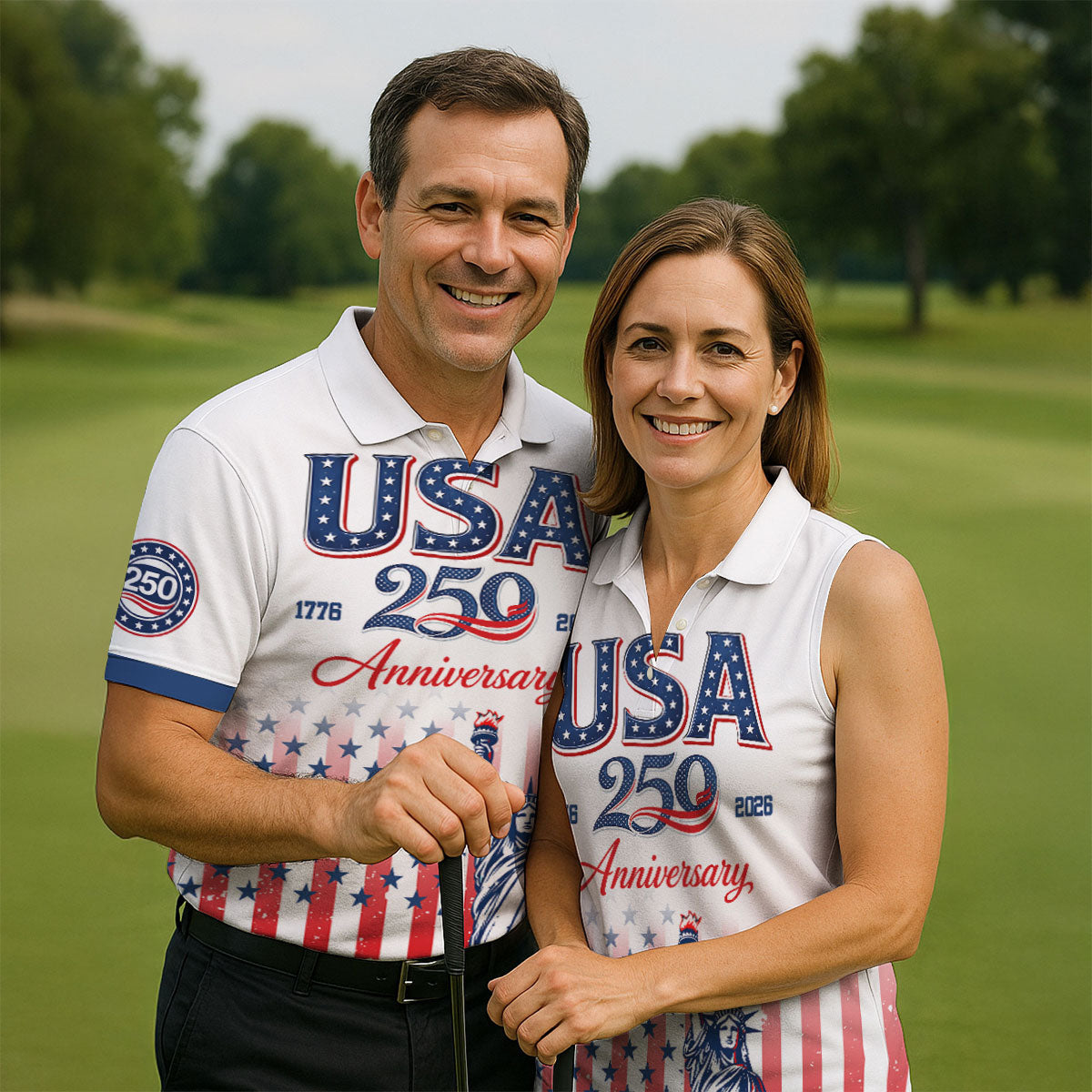 250 Anniversary Statue Of Liberty US Flag Golf Shirt, Patriotic 4th Of July Golf Shirts For Men