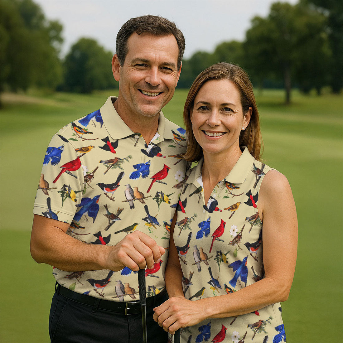 Vintage Colorful Wild Bird Pattern Golf Polo Shirt, Golf Shirts For Men, Mens Golf Apparel