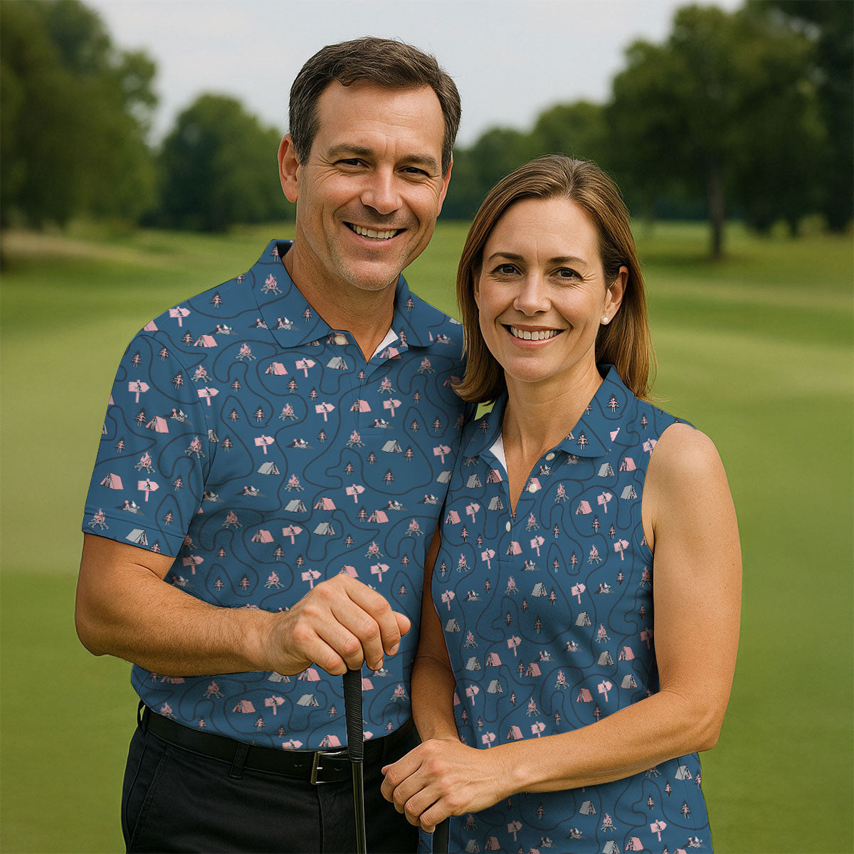 Funny Adult Camping Pattern Polo Shirt, Golf Polo Shirts For Men, Printed Golf Shirts