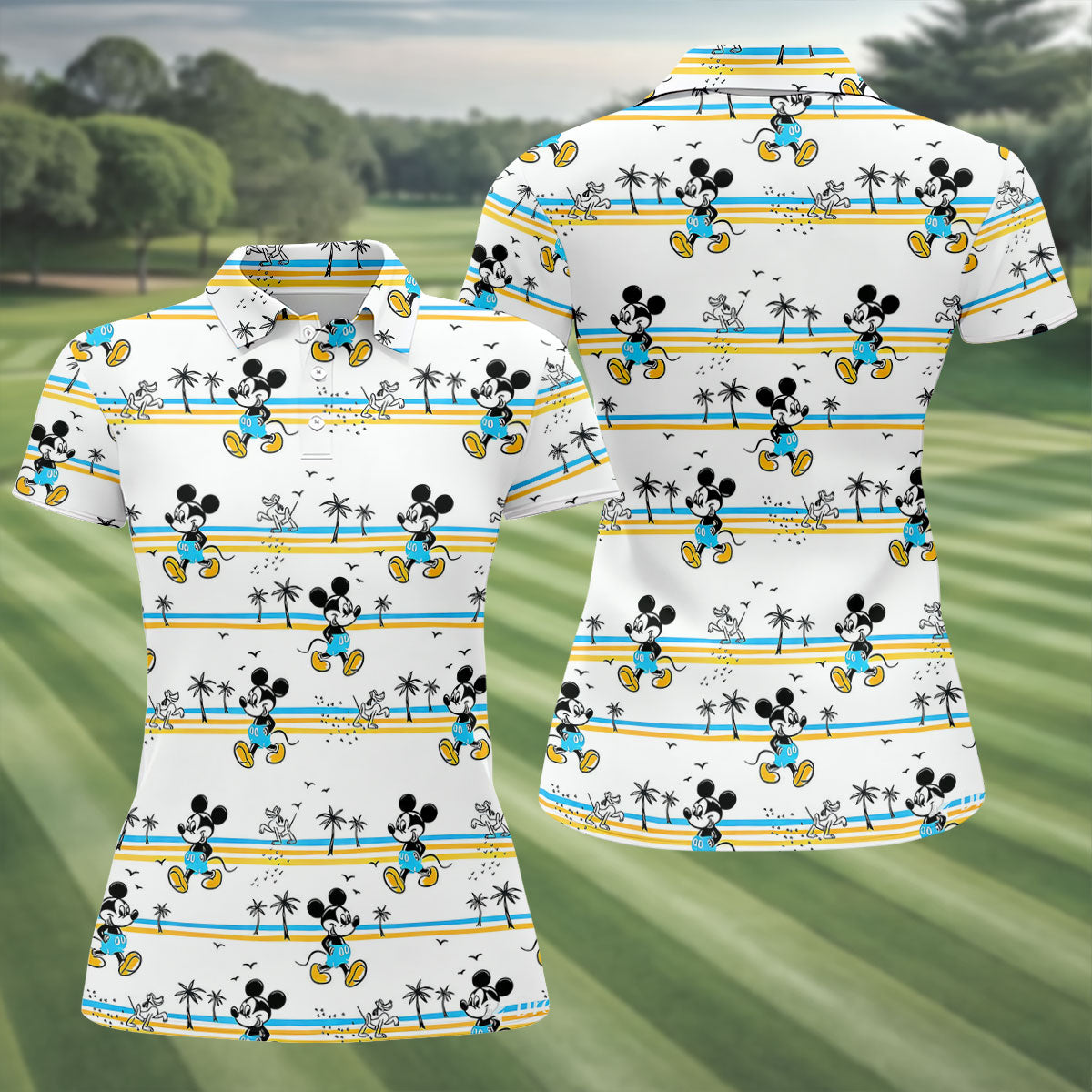 Retro Beach Stripe Cartoon Golf Polo Shirt, Women's Golf Tops, Ladies Golf Tops