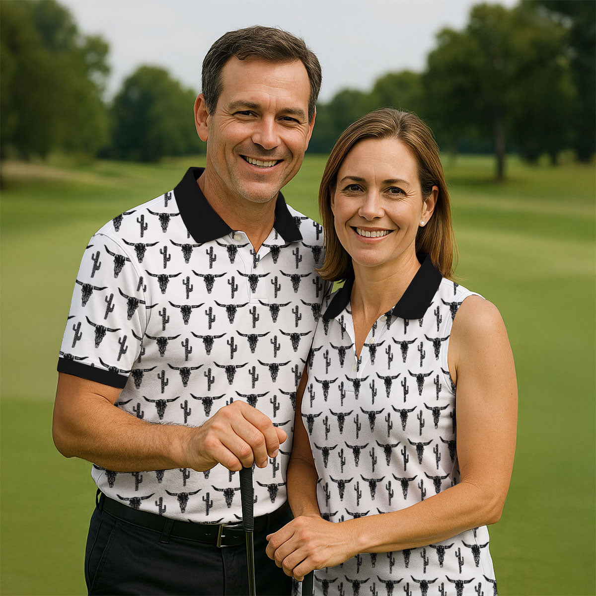 Longhorn Cow Skull Western Theme White Golf Tops For Men, Polo Shirts For Men, Golf Shirts For Men