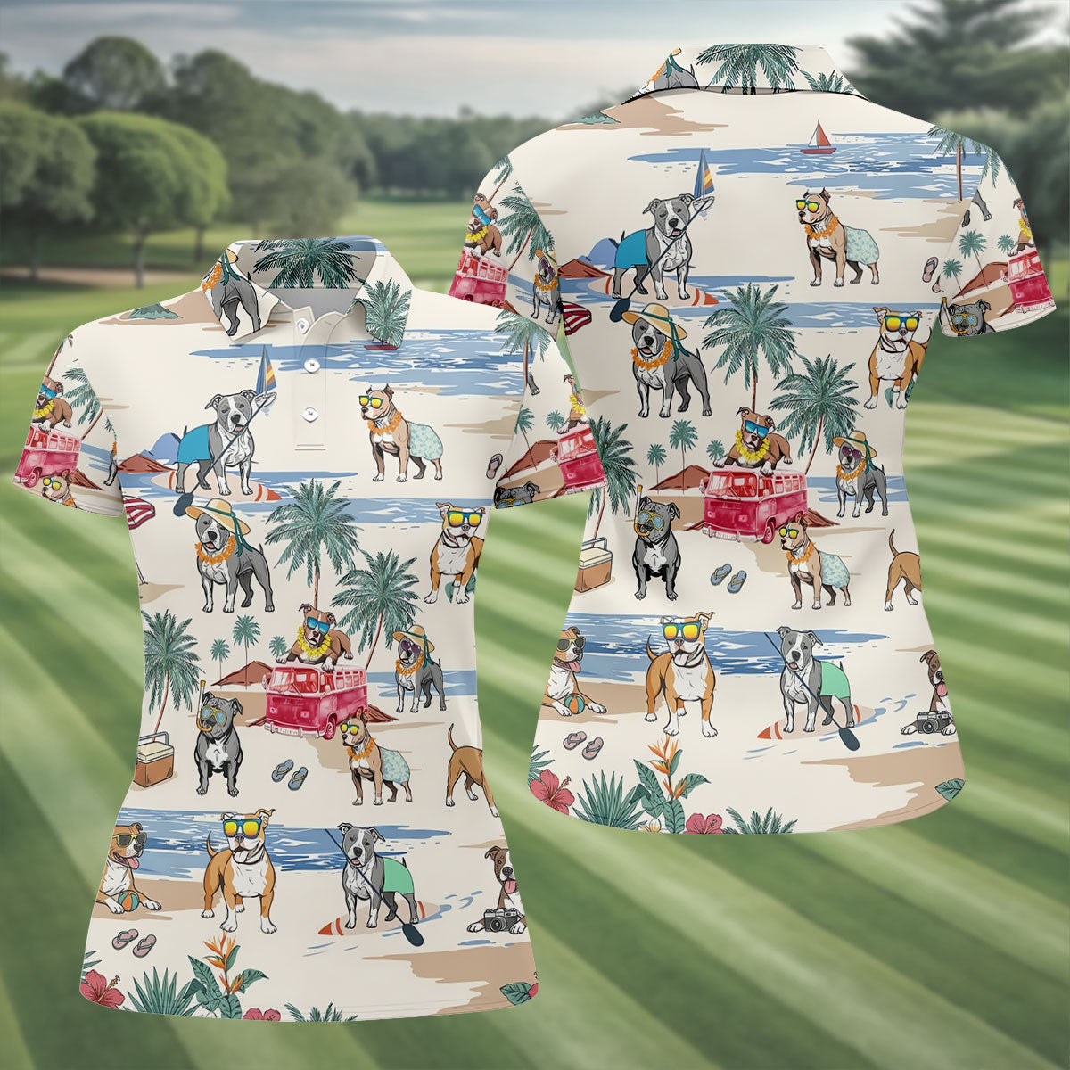 Pit Bull Beach Vacation Tropical Golf Polo Shirt, Golf Shirts For Women, Women's Golf Apparel