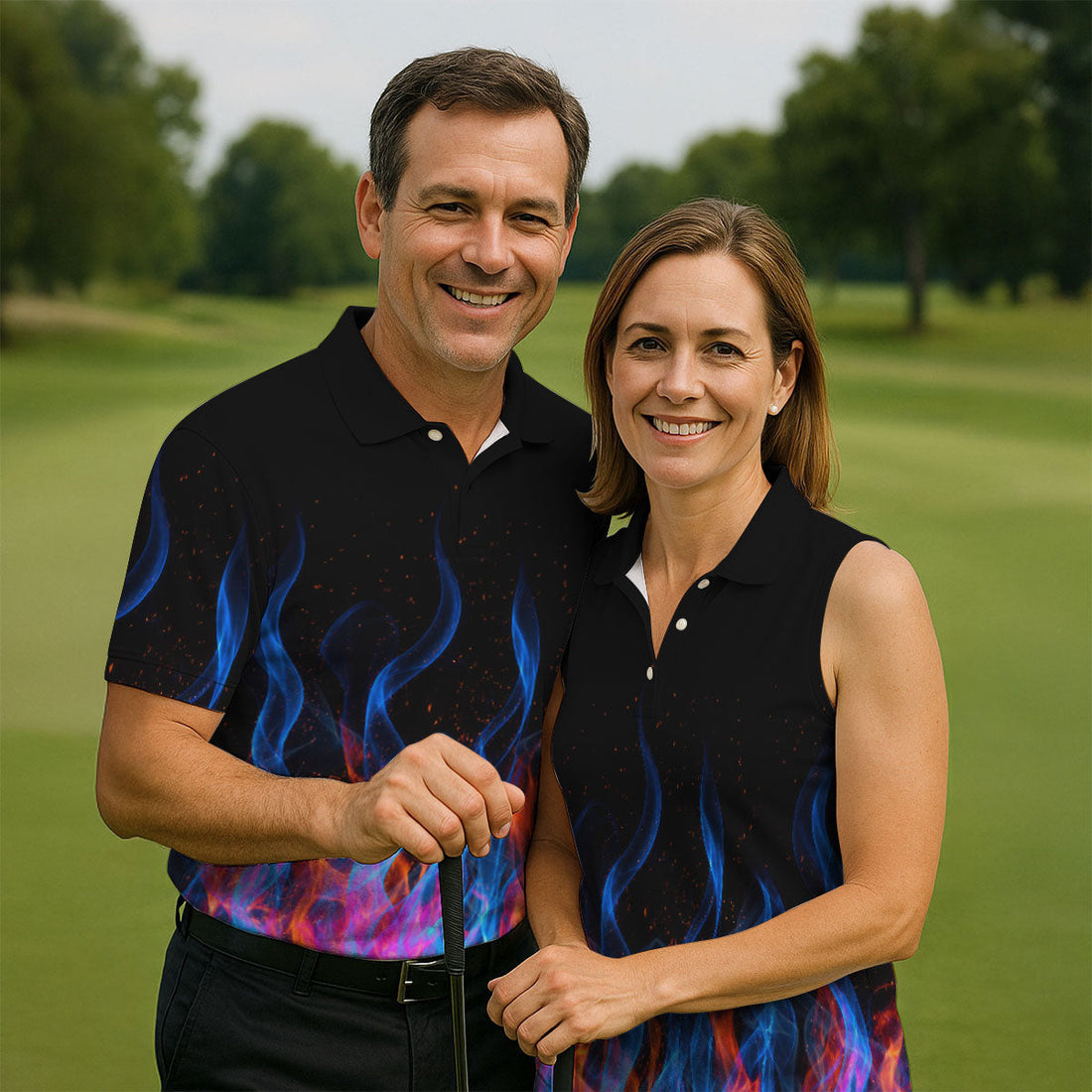 Black Blue Flame Fire Pattern Golf Shirt, Men's Golf Shirt, Mens Polo Shirts, Printed Golf Shirts
