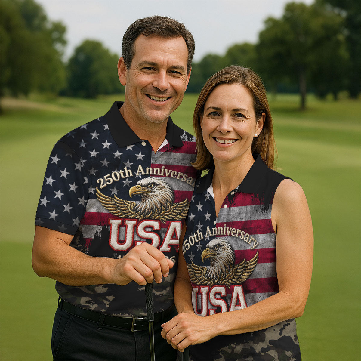 250th Anniversary Camo Golf Shirt, Distressed US Flag Patriotic 4th Of July Golf Shirts For Men