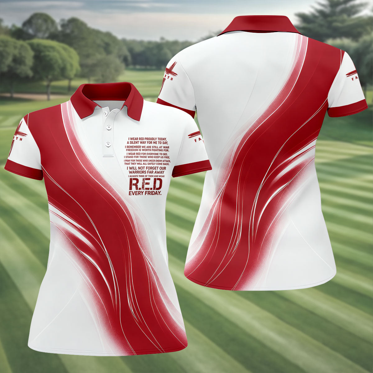 Red Friday Faith Cross Red White Gradient Patriotic Golf Shirt, 250 Years Golf Shirt For Women