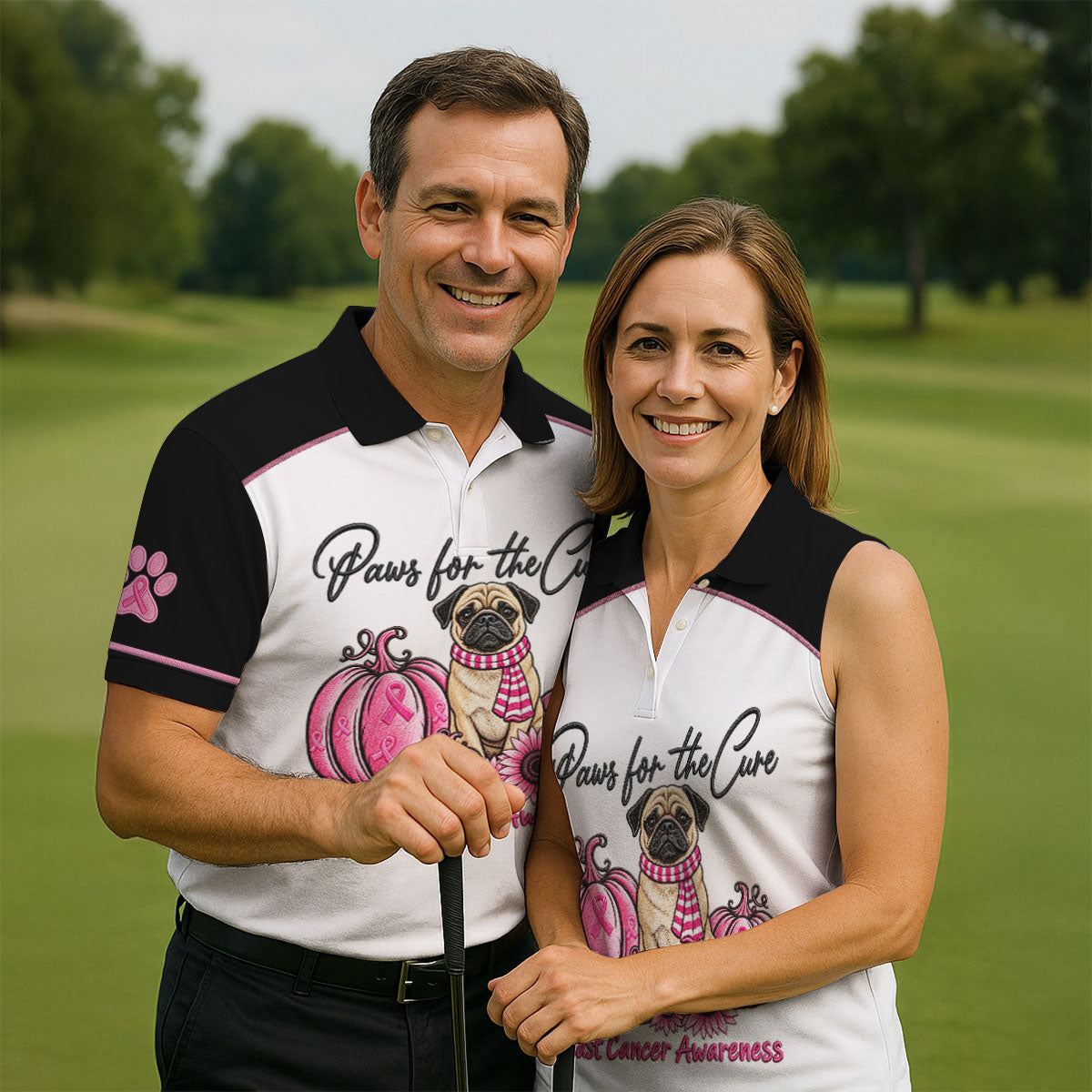 Paws For The Cure Pug Breast Cancer Polo Shirt, Golf Shirts For Men, Mens Golf Apparel
