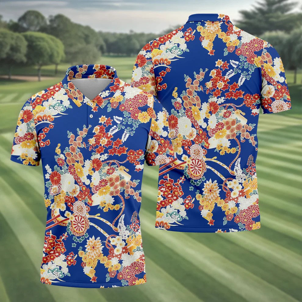 Royal Blue Japanese Floral Pattern Golf Shirt, Mens Golf Apparel, Printed Golf Shirts