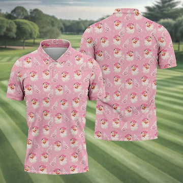 Pink Xmas Tree Santa Claus Pattern Christmas Golf Shirt, Polo Shirts For Men, Golf Gift For Men