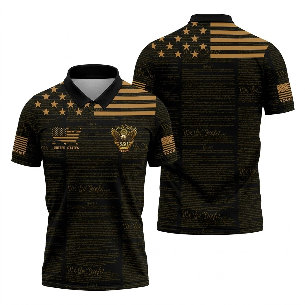 We The People Black And Gold Patriotic 4th Of July Golf Shirt, 250 Years Of Free Golf Shirts For Men