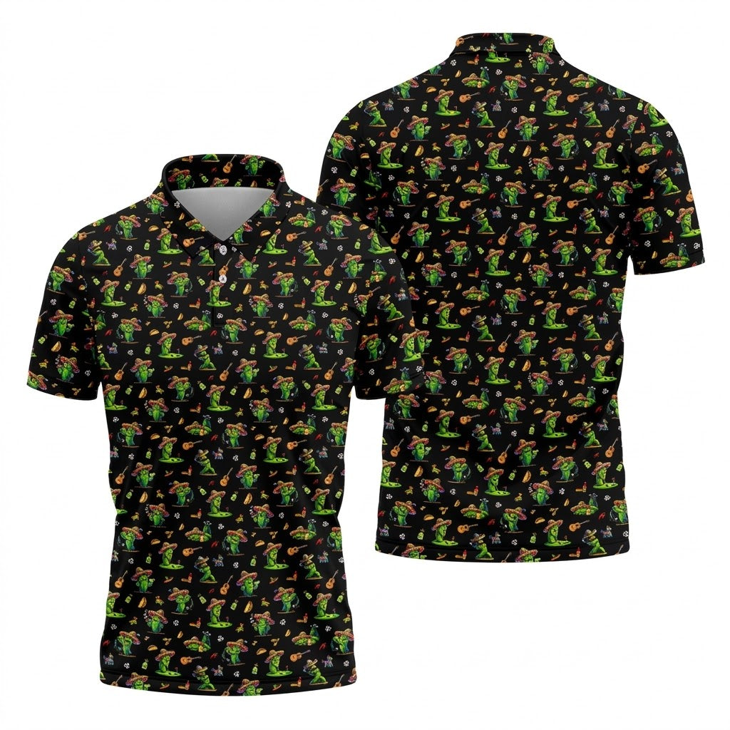 Cartoon Mustach Funny Cactus Cinco De Mayo Celebration Fiesta Themed Black Golf Shirts For Men