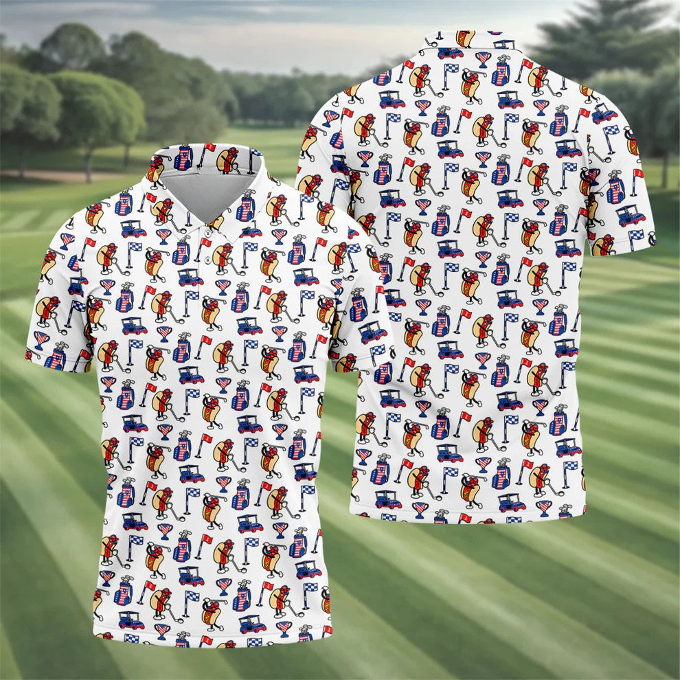 Funny Hot Dog Pattern Polo Shirt, 250 Years USA Patriotic Golf Shirt, 4th Of July Golf Shirt, Golf Shirts For Men