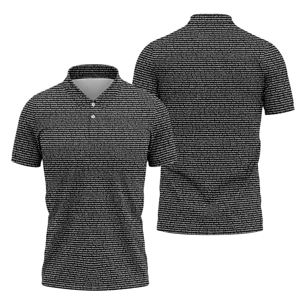 Black Text Pattern Golf Polo Shirt, Golf Shirts For Men, Printed Golf Shirts